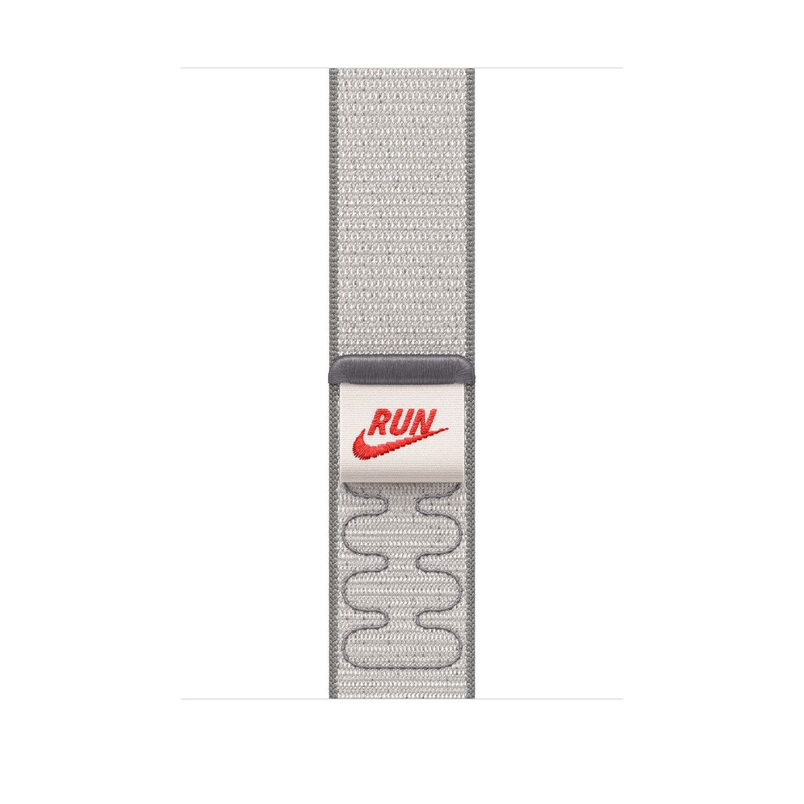 Szürke-fehér óraszíj piros "RUN" logóval és Nike-pipával. A szíj alján egyedi hullámos mintázat található.