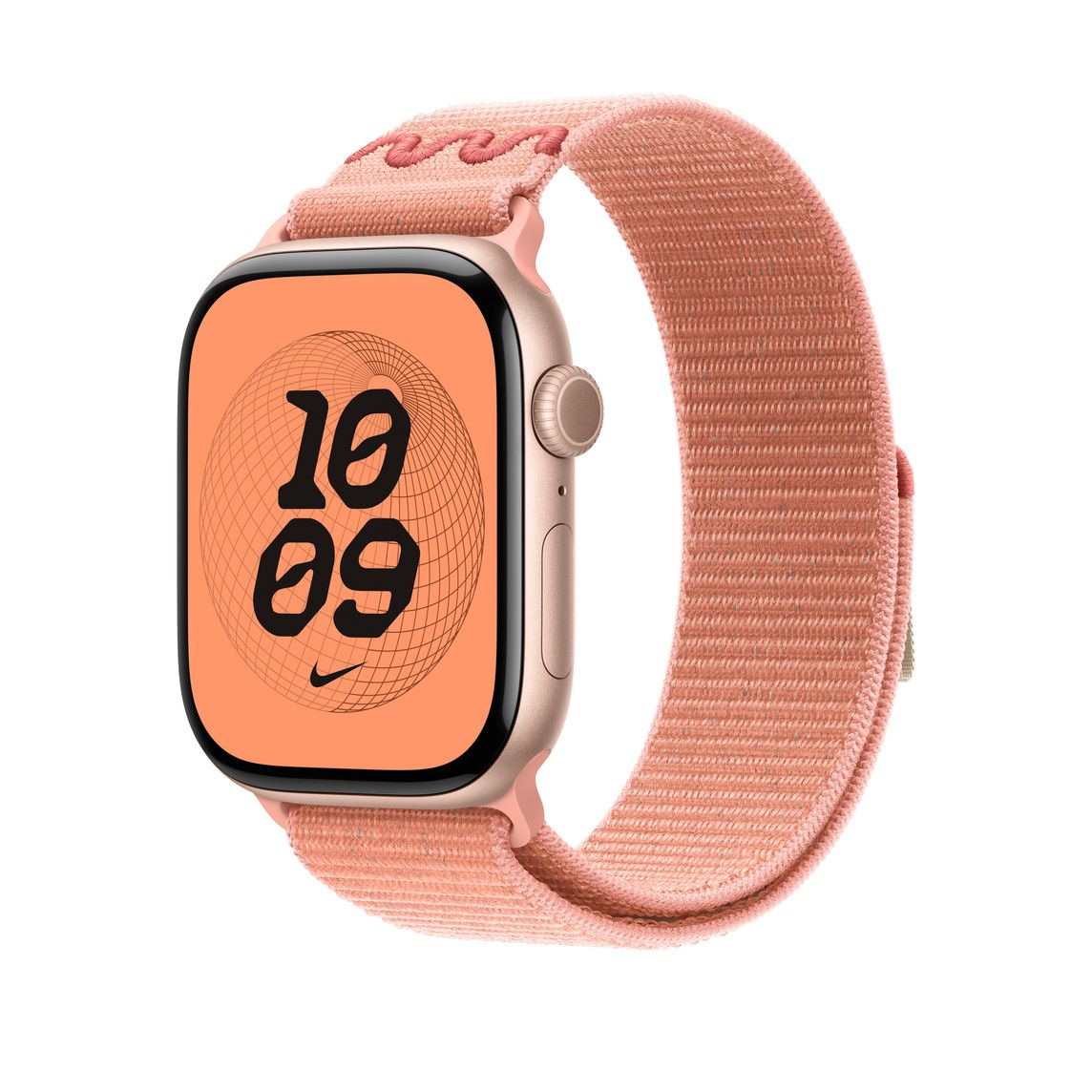 Rózsaszín arany Apple Watch barack színű szíjjal. Az óralap 10:09-et mutat. A szíj szövet.