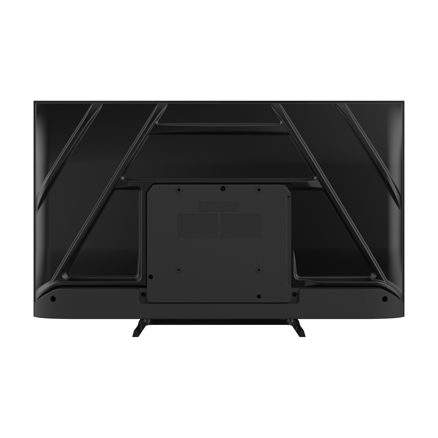 Il retro di una TV nera con supporto. Il retro ha motivi e un pannello centrale con porte ed etichette.