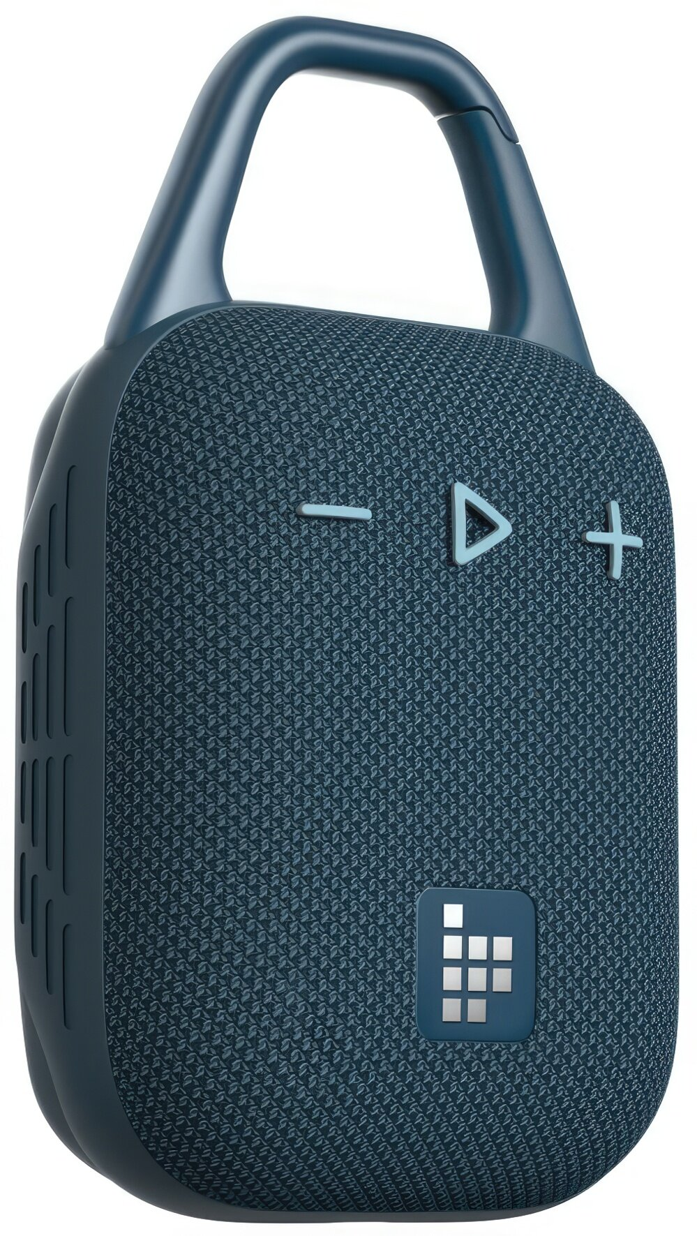 Turkusowy głośnik przenośny z uchwytem. Ma przyciski odtwarzania, zwiększania i zmniejszania głośności. Z przodu znajduje się logo.