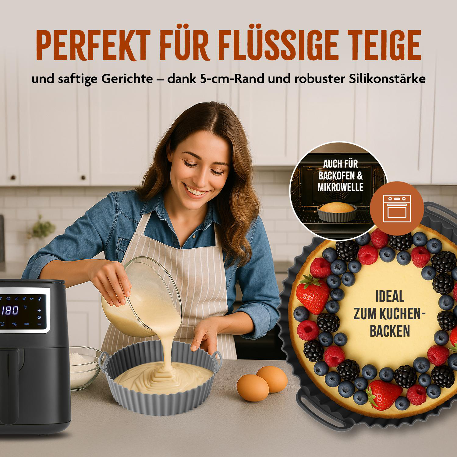 Eine Frau gießt Teig in eine geriffelte Kuchenform. Das Bild zeigt einen Kuchen, eine Heißluftfritteuse, Eier und Text auf Deutsch.