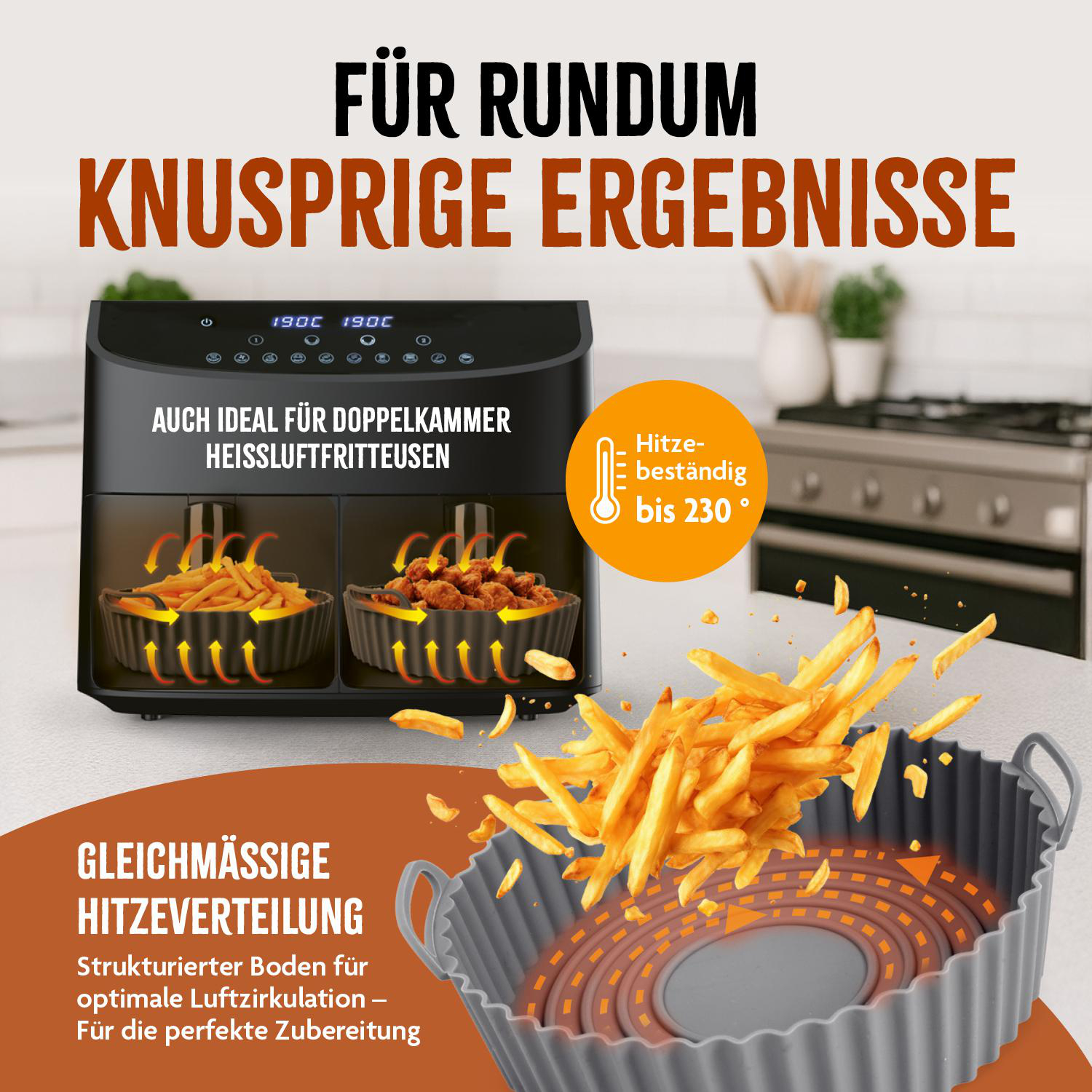 Eine Heißluftfritteuse mit Pommes Frites und Chicken Nuggets. Das Bild enthält Text auf Deutsch, darunter 'knusprige Ergebnisse' und 'hitzebeständig bis 230°'.