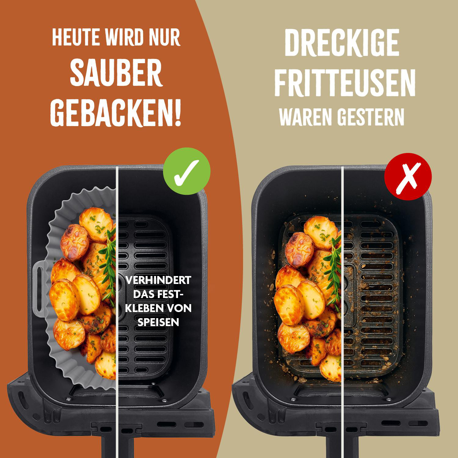 Das Bild zeigt eine saubere und eine schmutzige Heißluftfritteuse. Die saubere hat eine Einlage und Kartoffeln. Die schmutzige hat angeklebte Speisen.