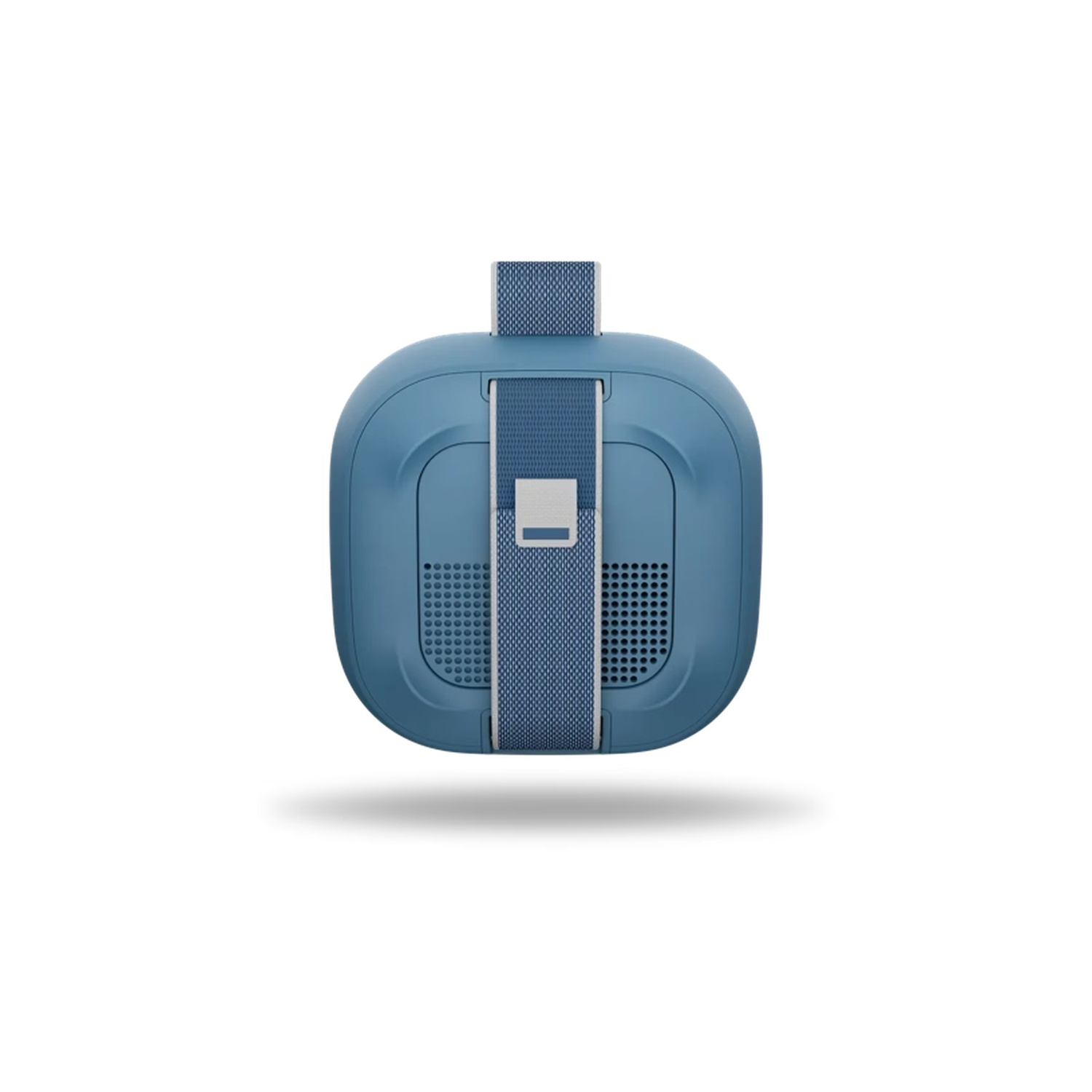 Een blauwe VR-headset, met een band en ventilatieopeningen, is gecentreerd op een witte achtergrond. Er staat een schaduw onder de headset.