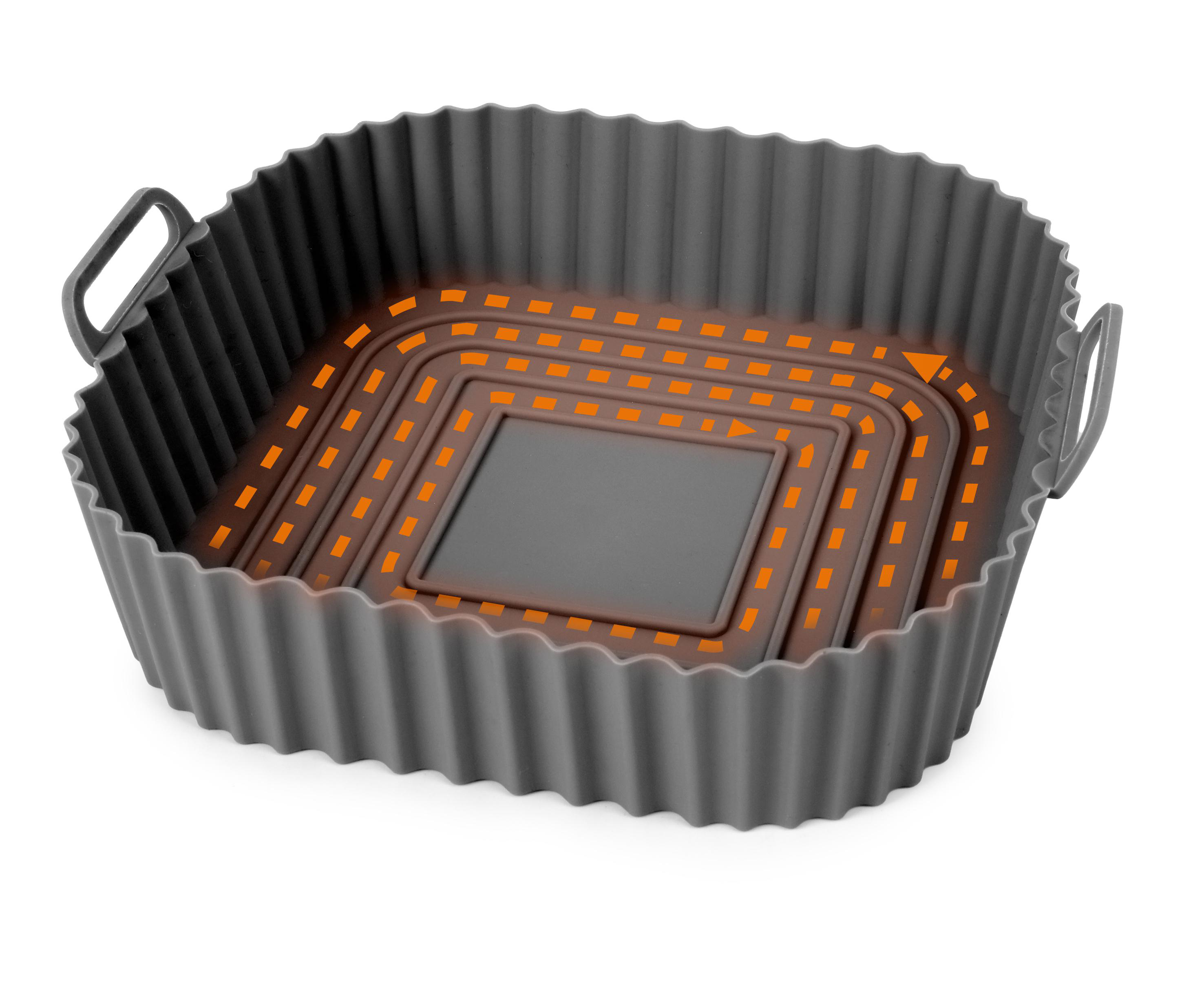 Ein grauer, geriffelter Airfryer-Korb mit Griffen. Im Inneren deutet ein orangefarbenes gepunktetes Design Heizzonen an.