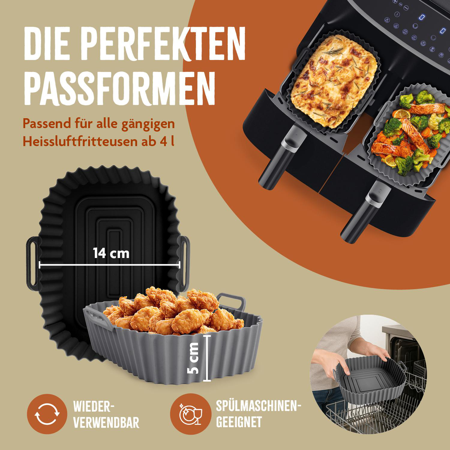 Eine Heißluftfritteuse mit Essen, gezeigt mit Silikonformen. Enthält Text über perfekte Passform, wiederverwendbar, spülmaschinenfest.