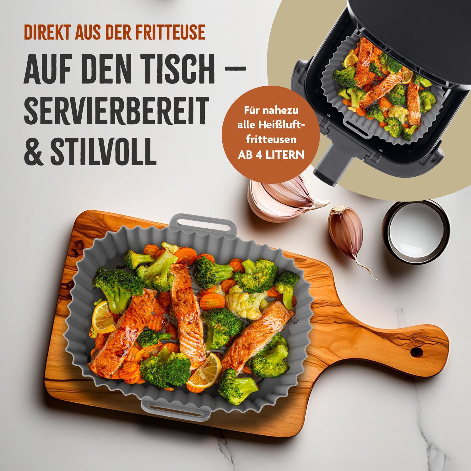 Das Bild zeigt gekochten Lachs und Gemüse in einer Schale, darüber eine Heißluftfritteuse. Text: 'Direkt aus der Fritteuse auf den Tisch'.
