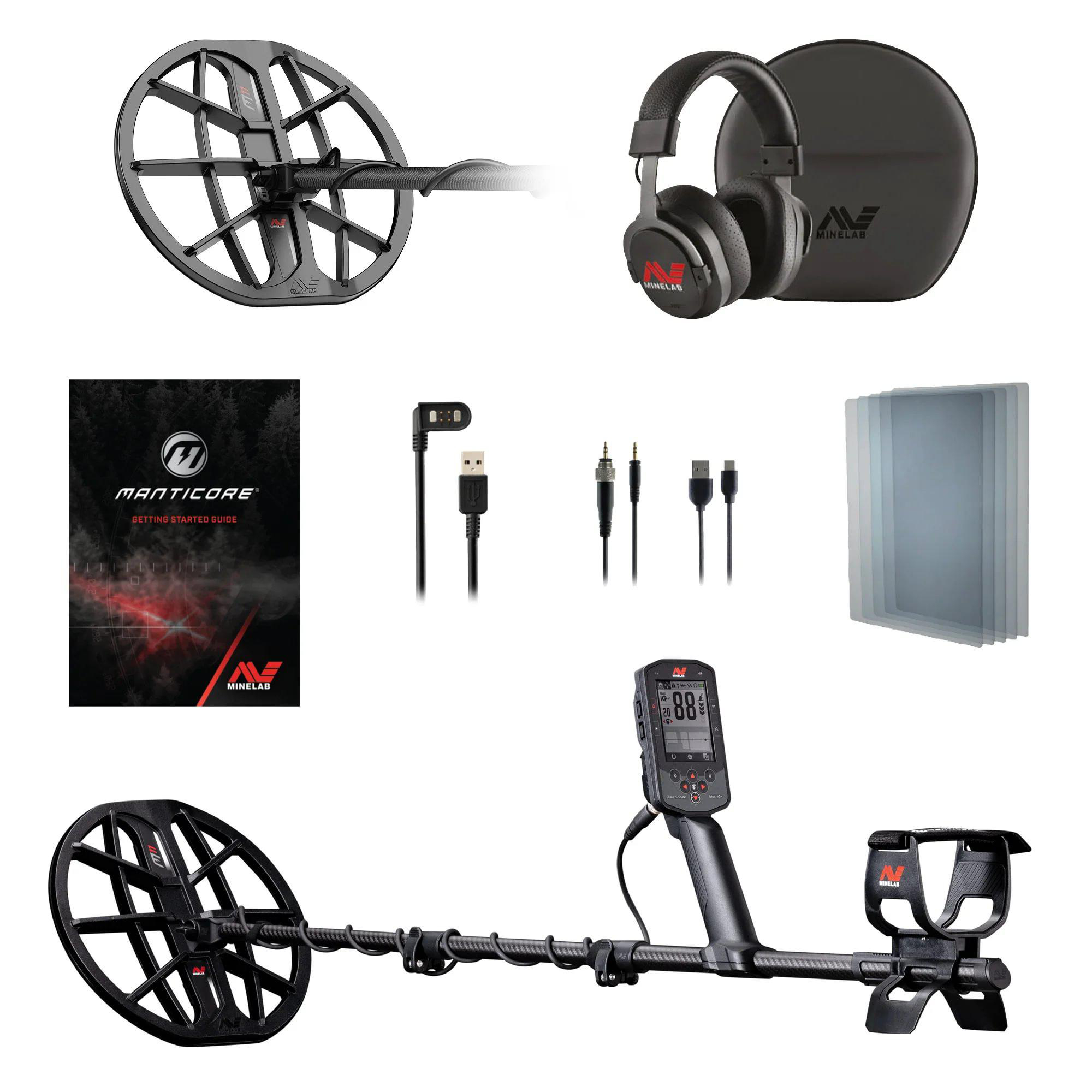 Metalldetektor und Zubehör: Kopfhörer, Kabel, Handbuch, Displayschutzfolien und ein Detektor mit Display.