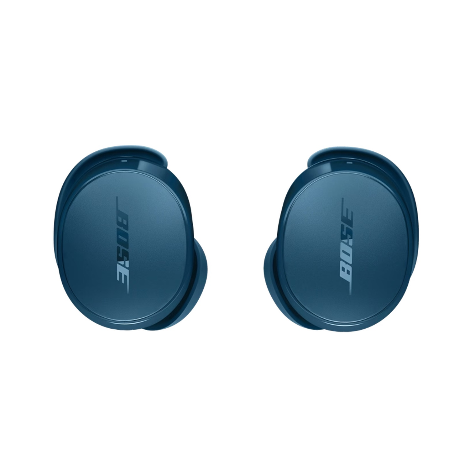 Two blue Bose wireless earbuds on a white background. Each has the Bose logo in white.