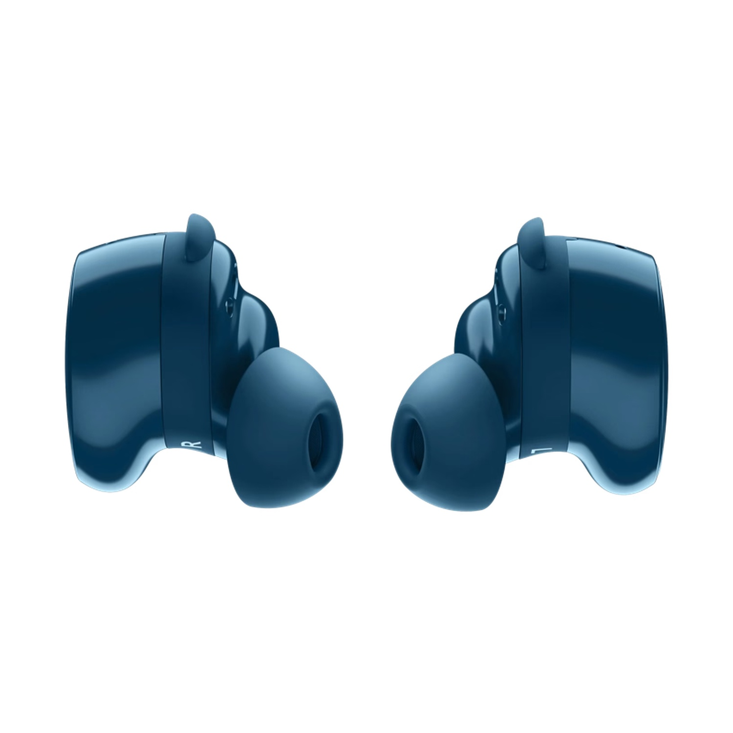 Two blue wireless earbuds. They are facing each other. The earbud on the left has an 'R' on it.
