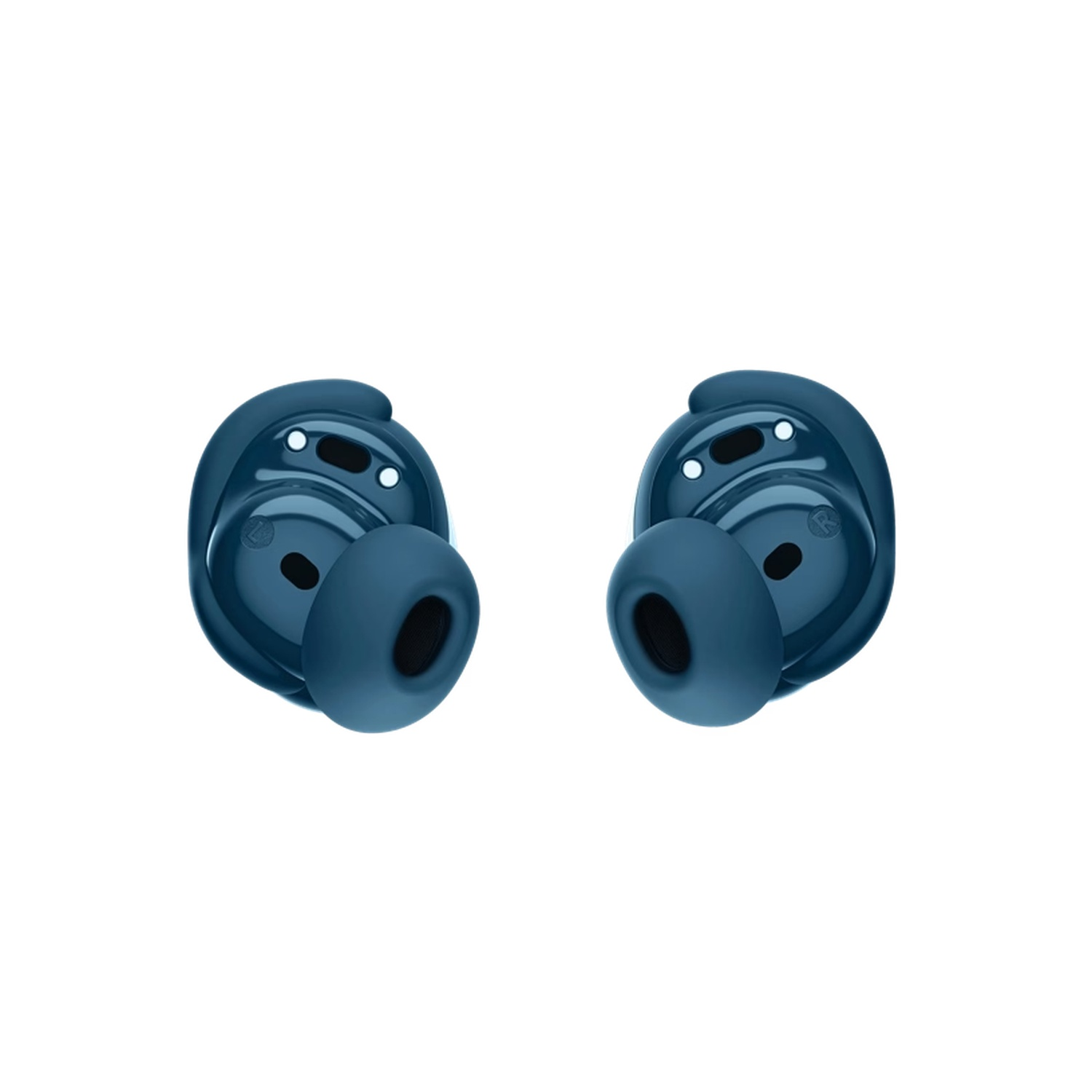 Two blue wireless earbuds on white background. Each earbud has a round tip and a body with details.