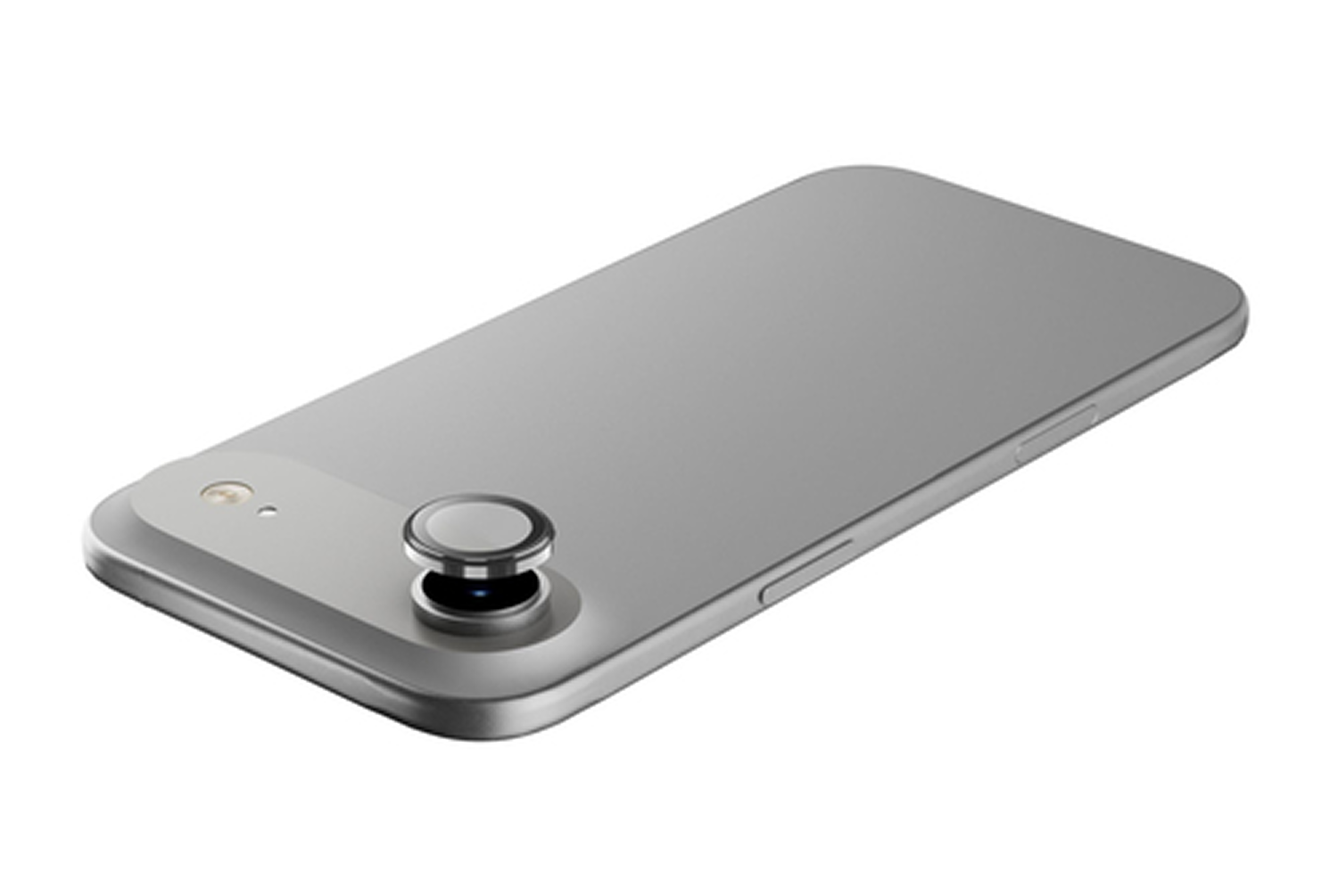 Un teléfono inteligente plateado con lente de cámara aislado sobre fondo blanco.