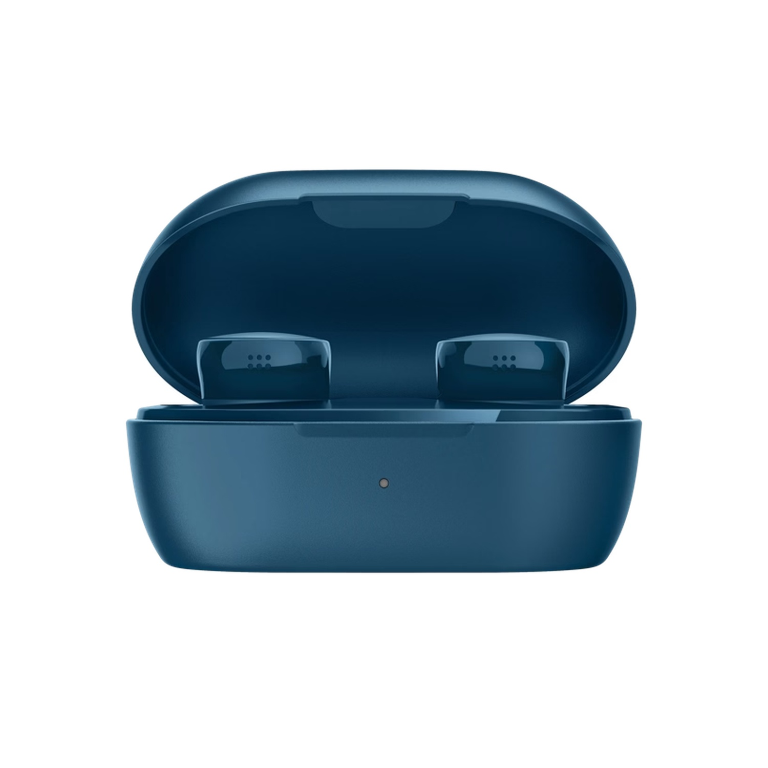 Open blue earbud charging case with two earbuds inside. Case is open. White background.