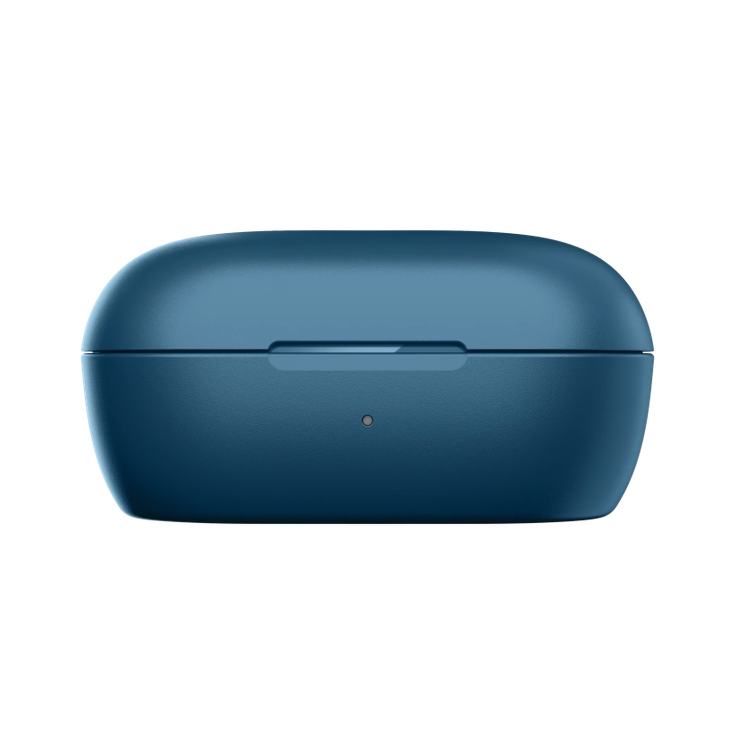 A teal-colored, rounded rectangular case with a small dot. It's a closed case, likely for earbuds, against a white background.
