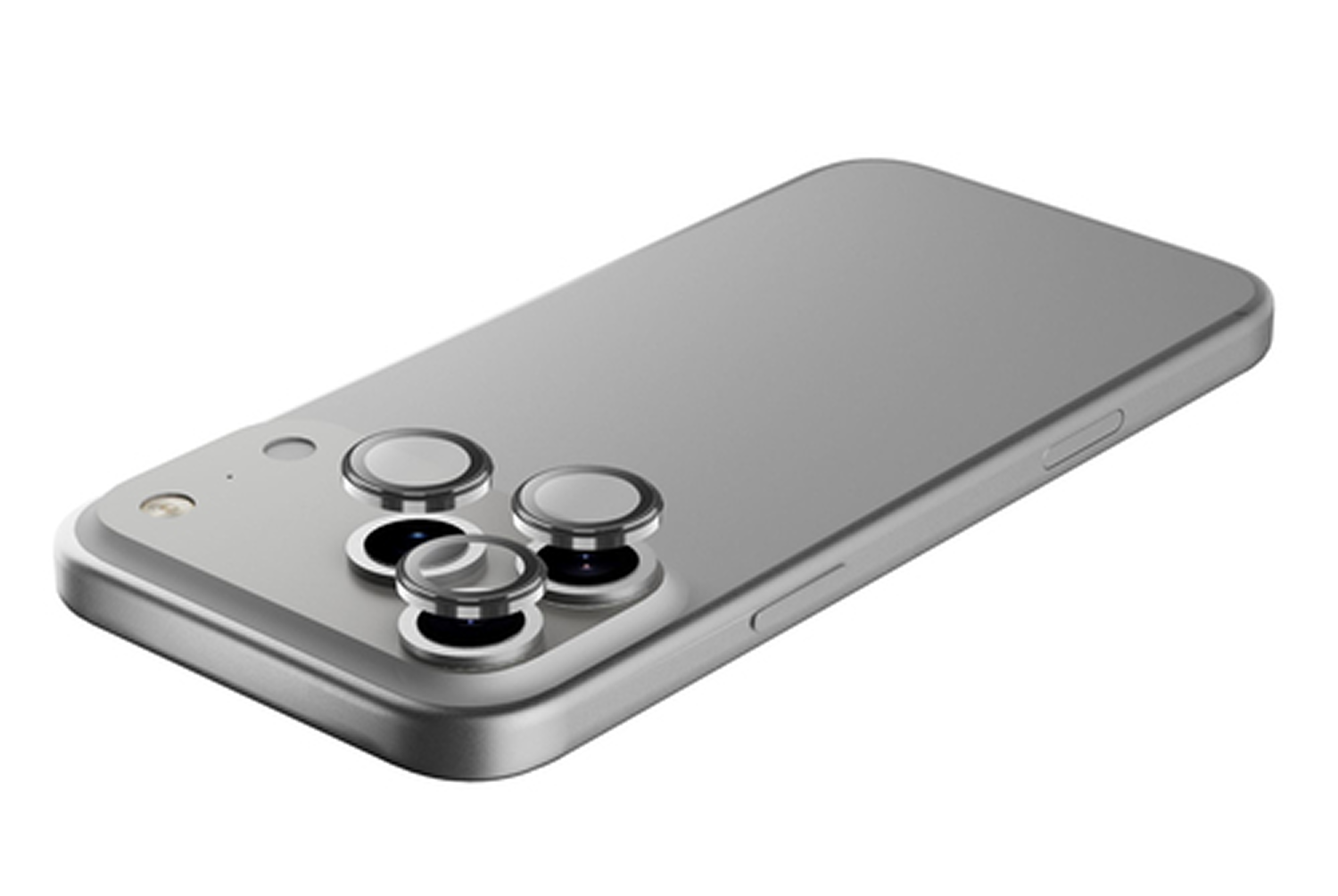 Un smartphone plateado con cuatro lentes de cámara. El teléfono está en ángulo, mostrando la parte trasera con las lentes y el lateral con un botón.