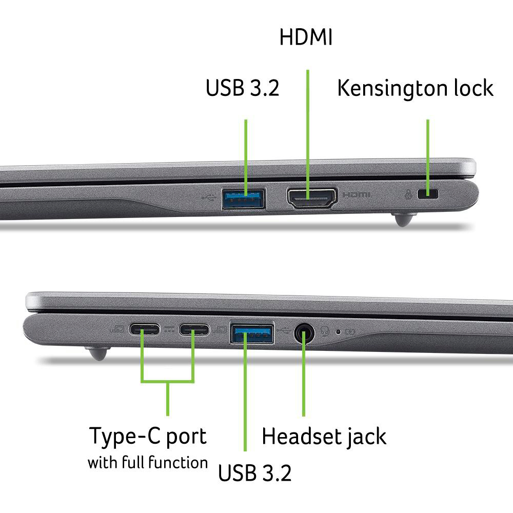 Nahaufnahme der Laptopseite mit Anschlüssen: Typ-C, USB 3.2, HDMI und Kensington-Schloss. Inklusive Kopfhöreranschluss.