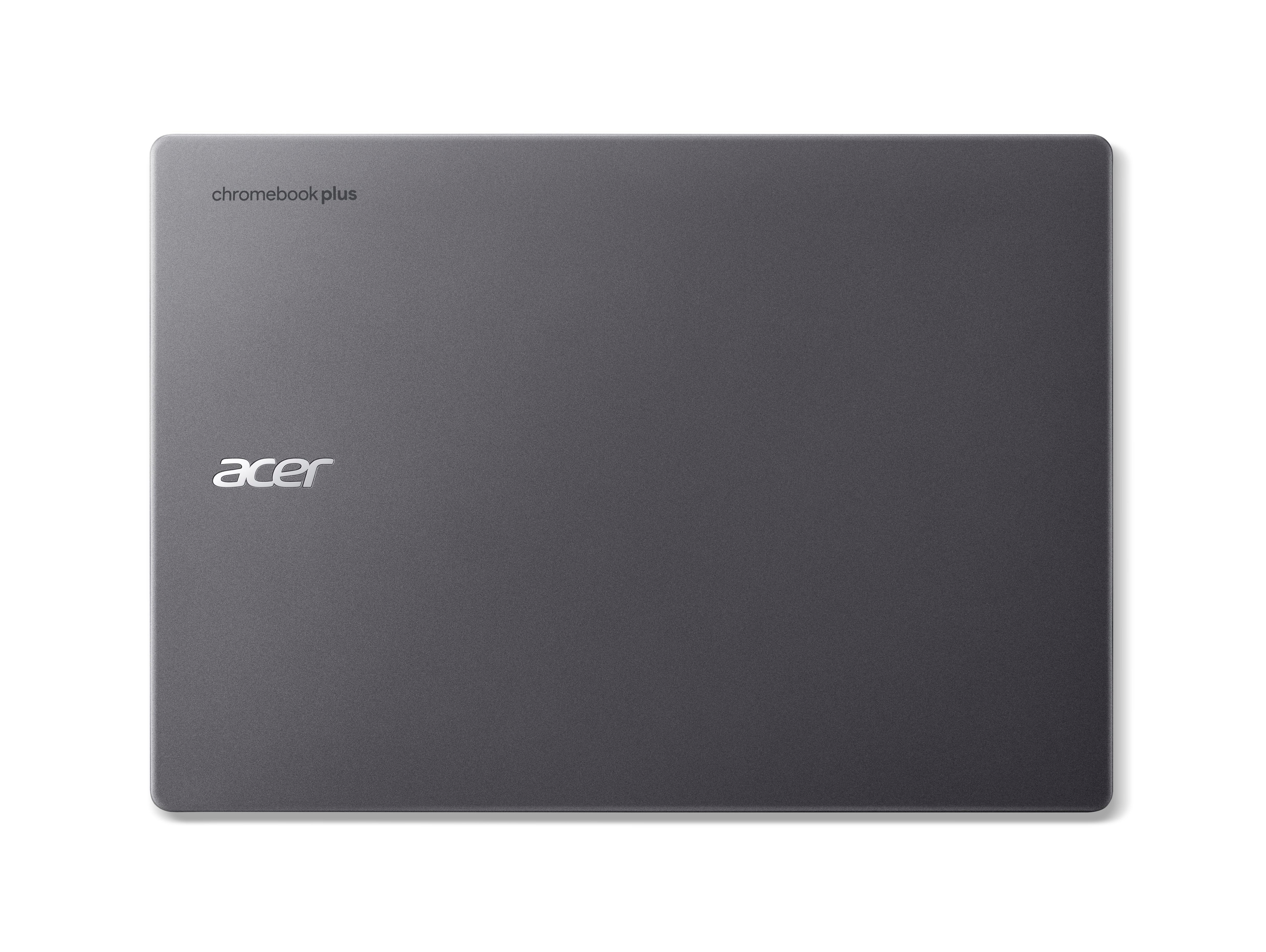 Ein dunkelgrauer Laptop mit dem Logo 'acer' und dem Text 'chromebook plus' auf dem Deckel, vor weißem Hintergrund.