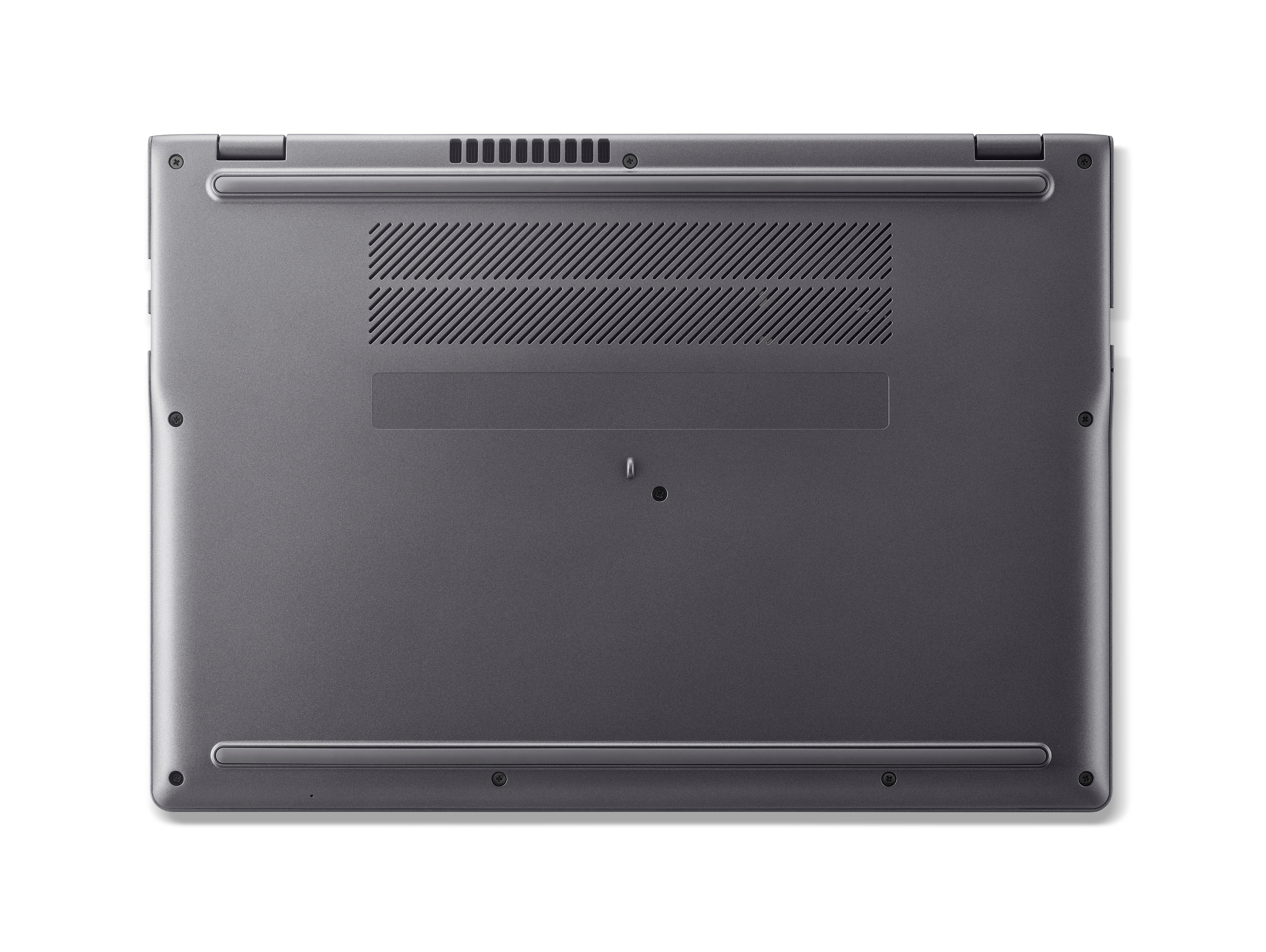 Die Unterseite eines Laptops wird gezeigt. Sie ist grau mit Lüftungsschlitzen, Schraubdetails und einem kleinen Beschriftungsbereich.