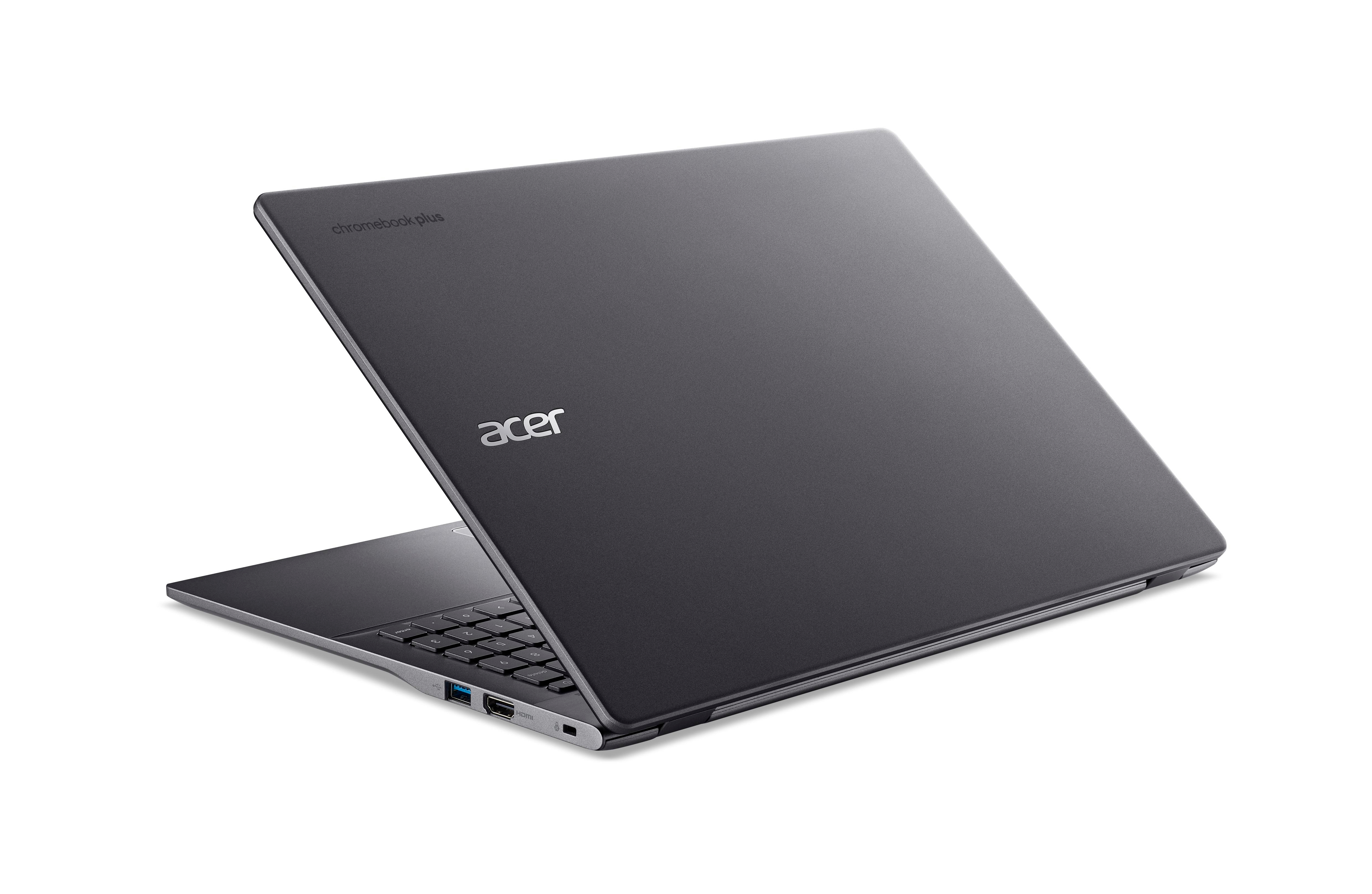 Ein dunkelgraues Acer Chromebook Plus Laptop, teilweise geöffnet, vor weißem Hintergrund. Das Acer-Logo ist sichtbar.