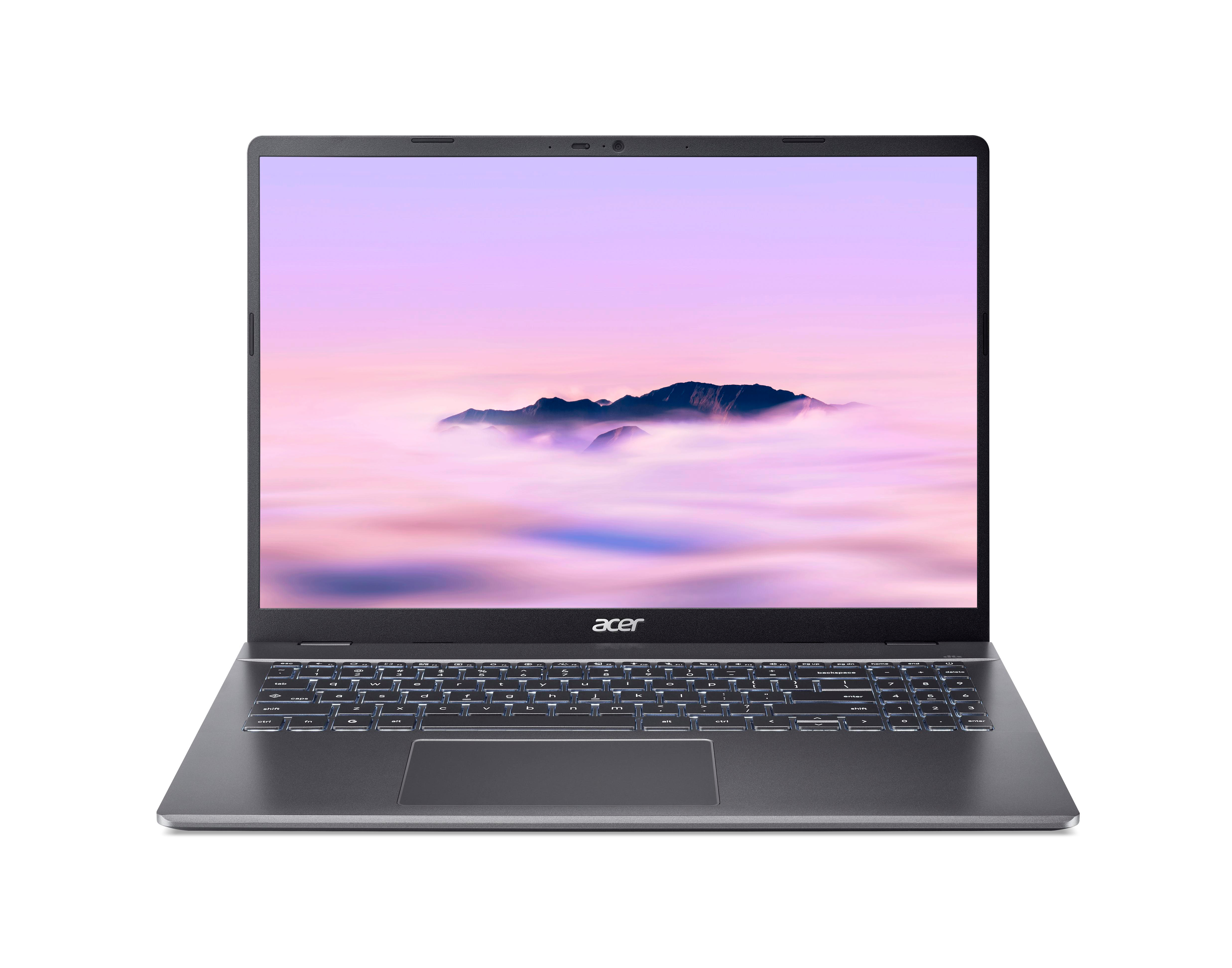 Ein Acer-Laptop ist geöffnet. Der Bildschirm zeigt eine Berglandschaft mit rosa und violettem Himmel. Die Tastatur ist sichtbar.