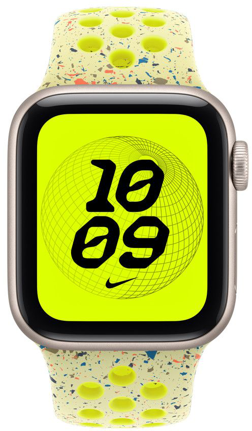 Apple Watch neon sárga kijelzővel, 10:09-es idővel. A szíj világossárga, színes pöttyökkel.