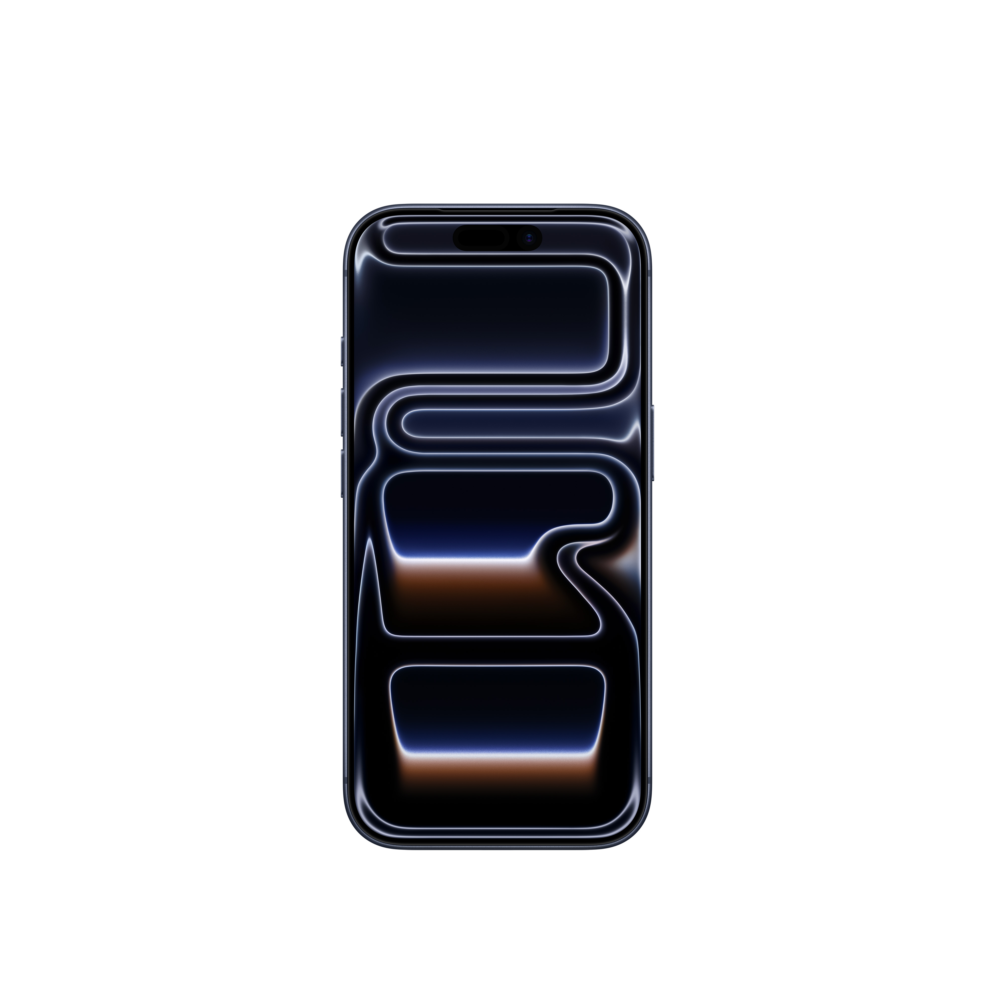 Koyu mavi ekranlı, benzersiz neon benzeri tasarımlı bir akıllı telefon. Telefon beyaz bir arka plan üzerinde.