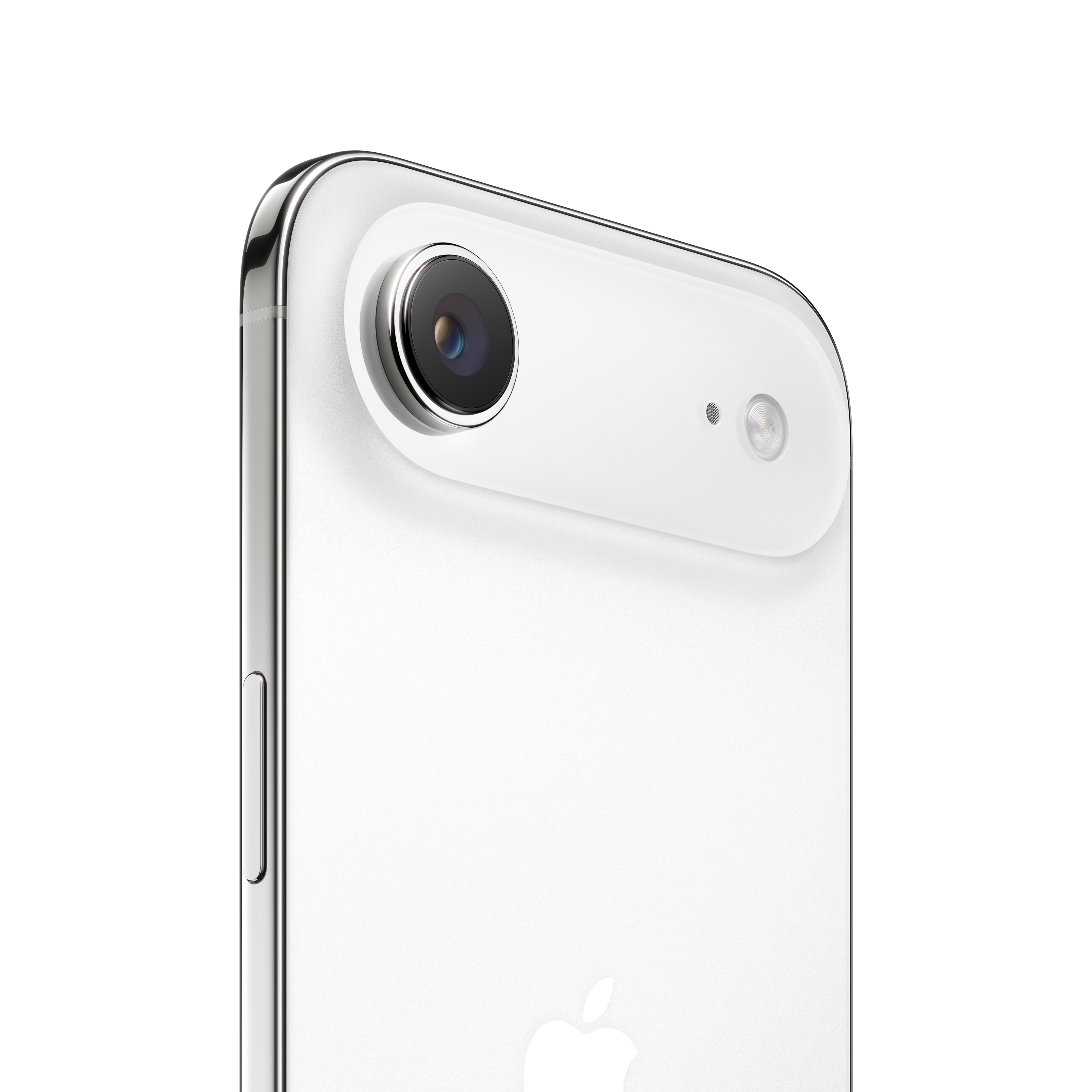 Beyaz bir iPhone'un yakın çekimi. Kamera, flaş ve bir düğme bulunan yan tarafı görünür. Apple logosu görünür.