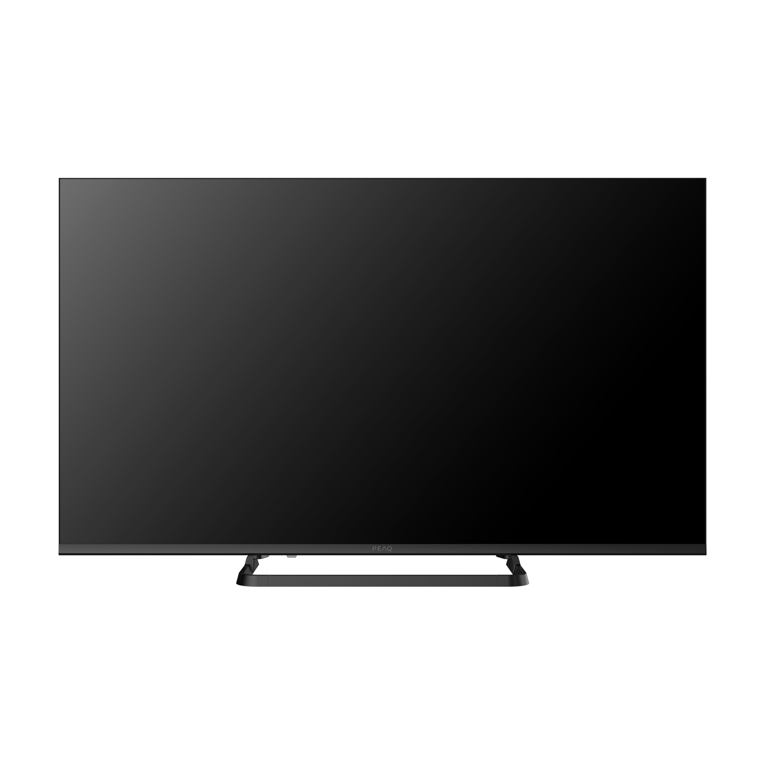Un grande televisore a schermo piatto nero su sfondo bianco. Ha un supporto in basso. Lo schermo è acceso, che mostra nero.