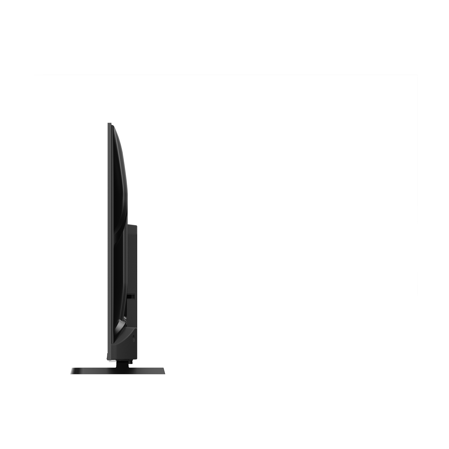 Vista laterale di una TV a schermo piatto nera. Lo schermo è scuro. La TV ha un supporto ed è su uno sfondo bianco.