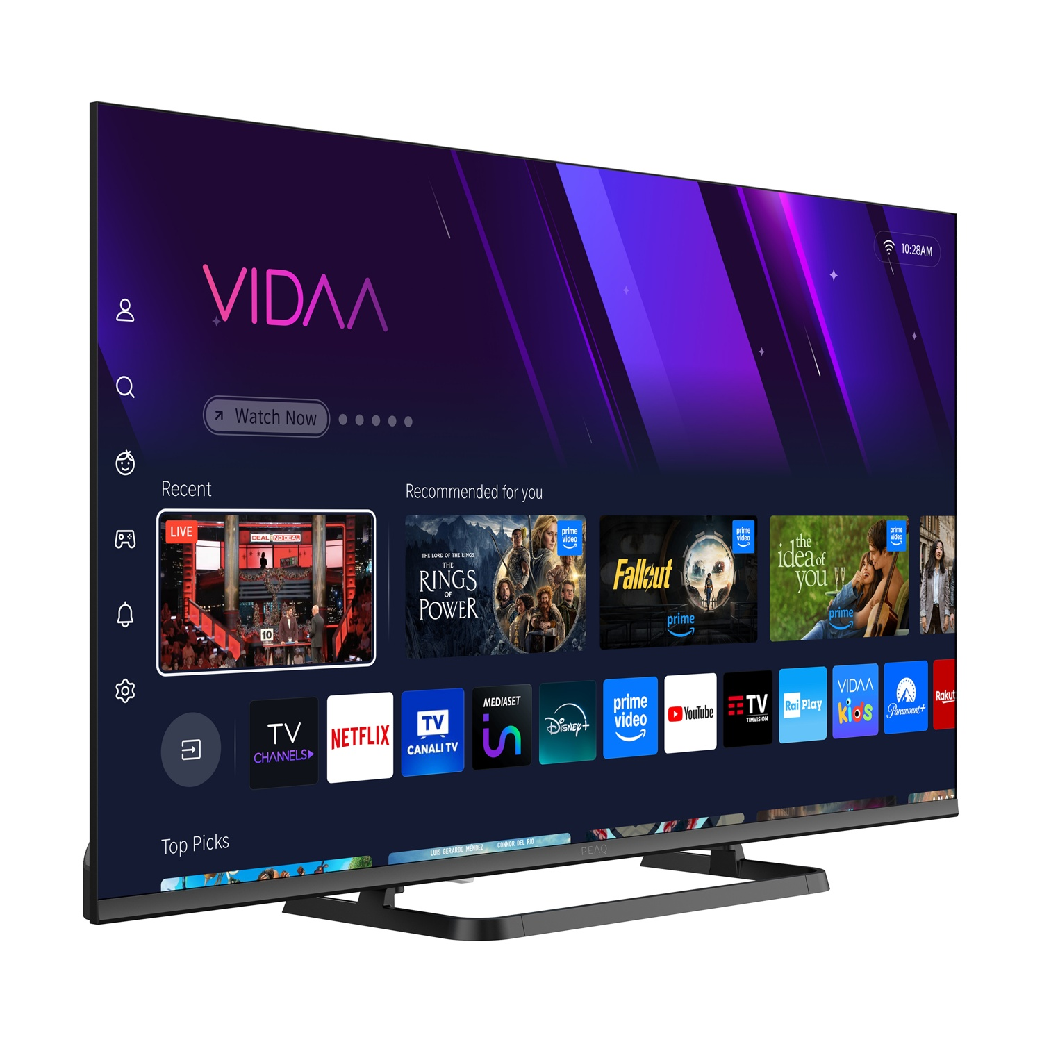 Una moderna TV mostra l'interfaccia VIDAA con app di streaming. Sono visibili programmi come 'Il Signore degli Anelli'. Lo schermo mostra un programma in diretta.