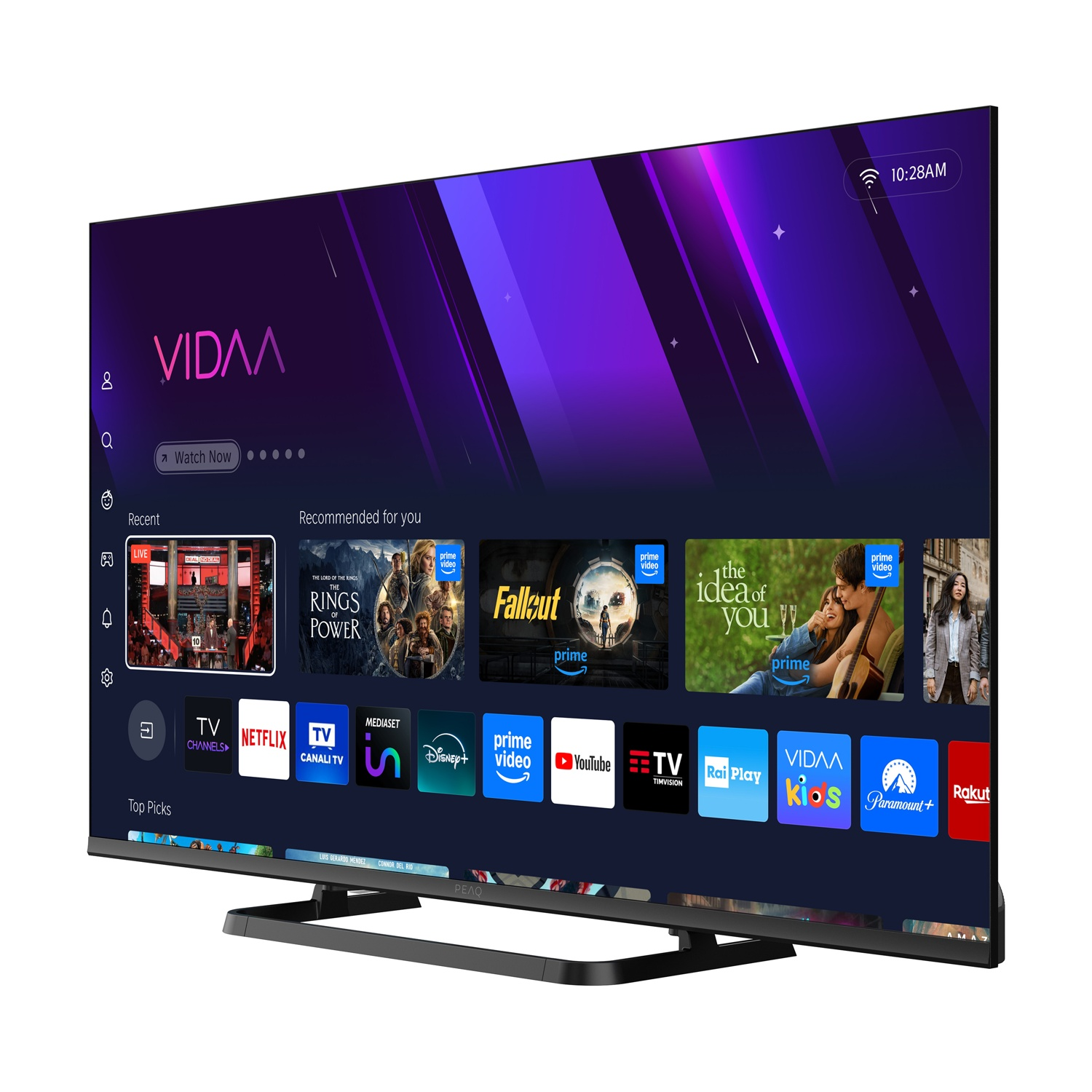 Uno schermo TV mostra l'interfaccia VIDAA. Sono visibili app come Netflix, YouTube e Prime Video. La TV è su un supporto.