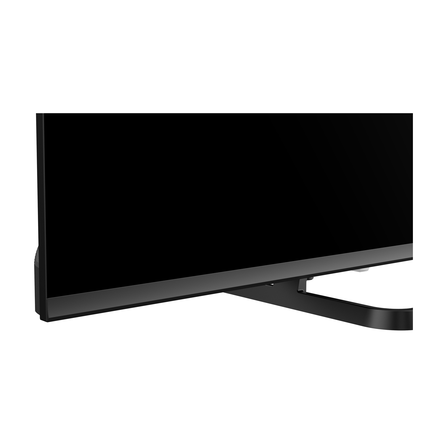 Un monitor di computer nero con cornice inferiore argentata e supporto nero. Lo schermo è scuro, riflettendo uno sfondo bianco.