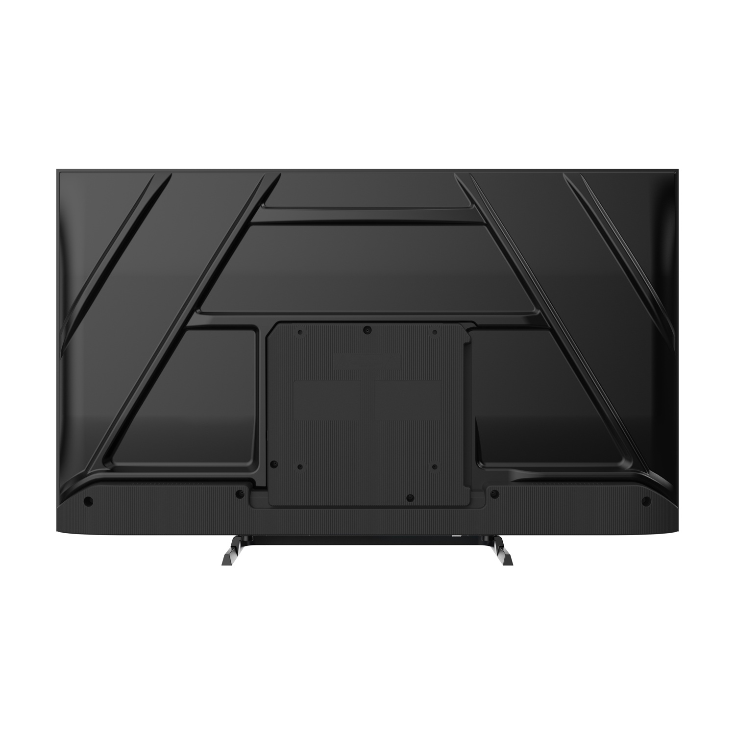 Vista posteriore di una grande TV nera. Presenta pannello posteriore strutturato, elementi di design angolati e due gambe in metallo.