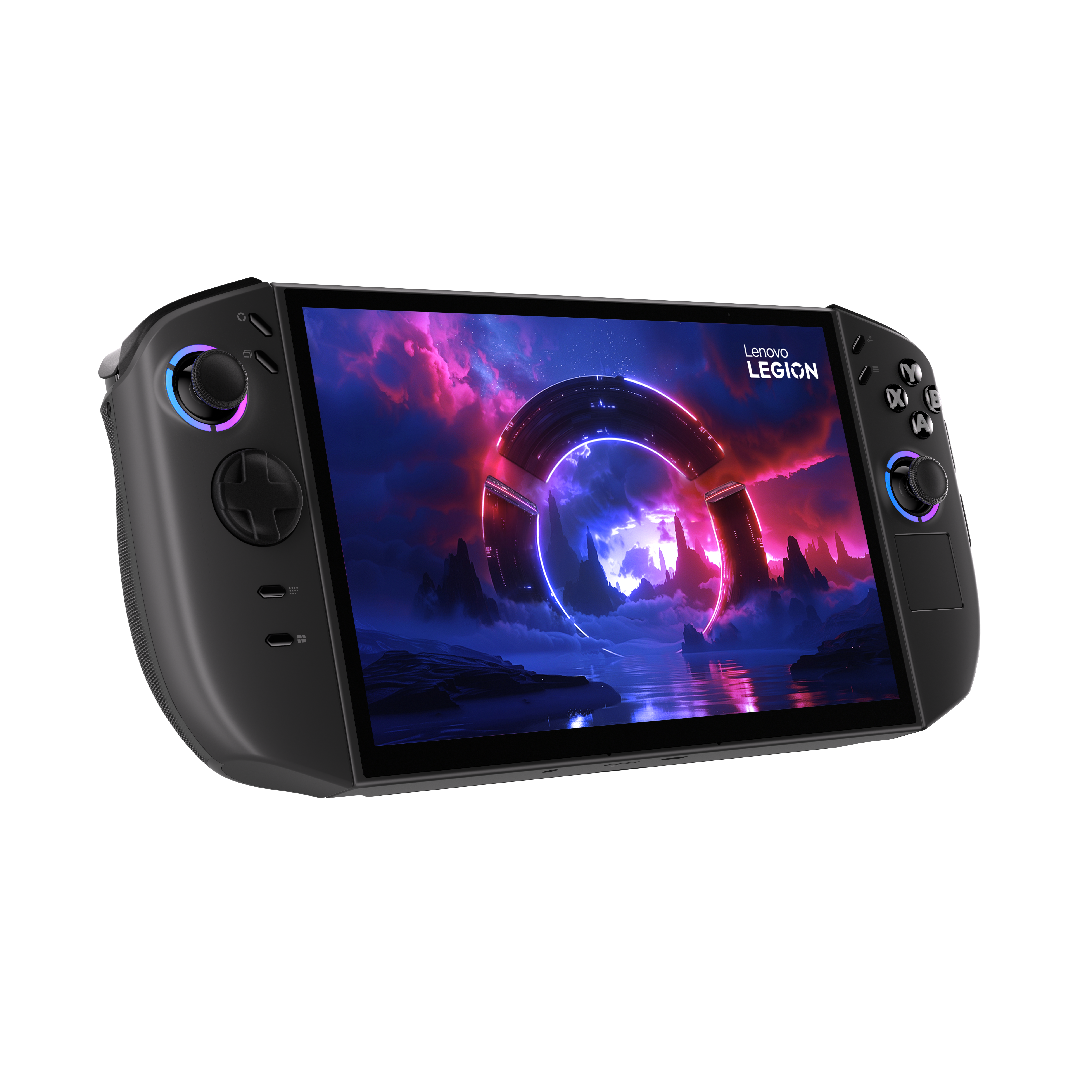 Schwarzes Handheld-Gaming-Gerät. Der Bildschirm zeigt eine farbenfrohe Grafik. Lenovo Legion Logo sichtbar.