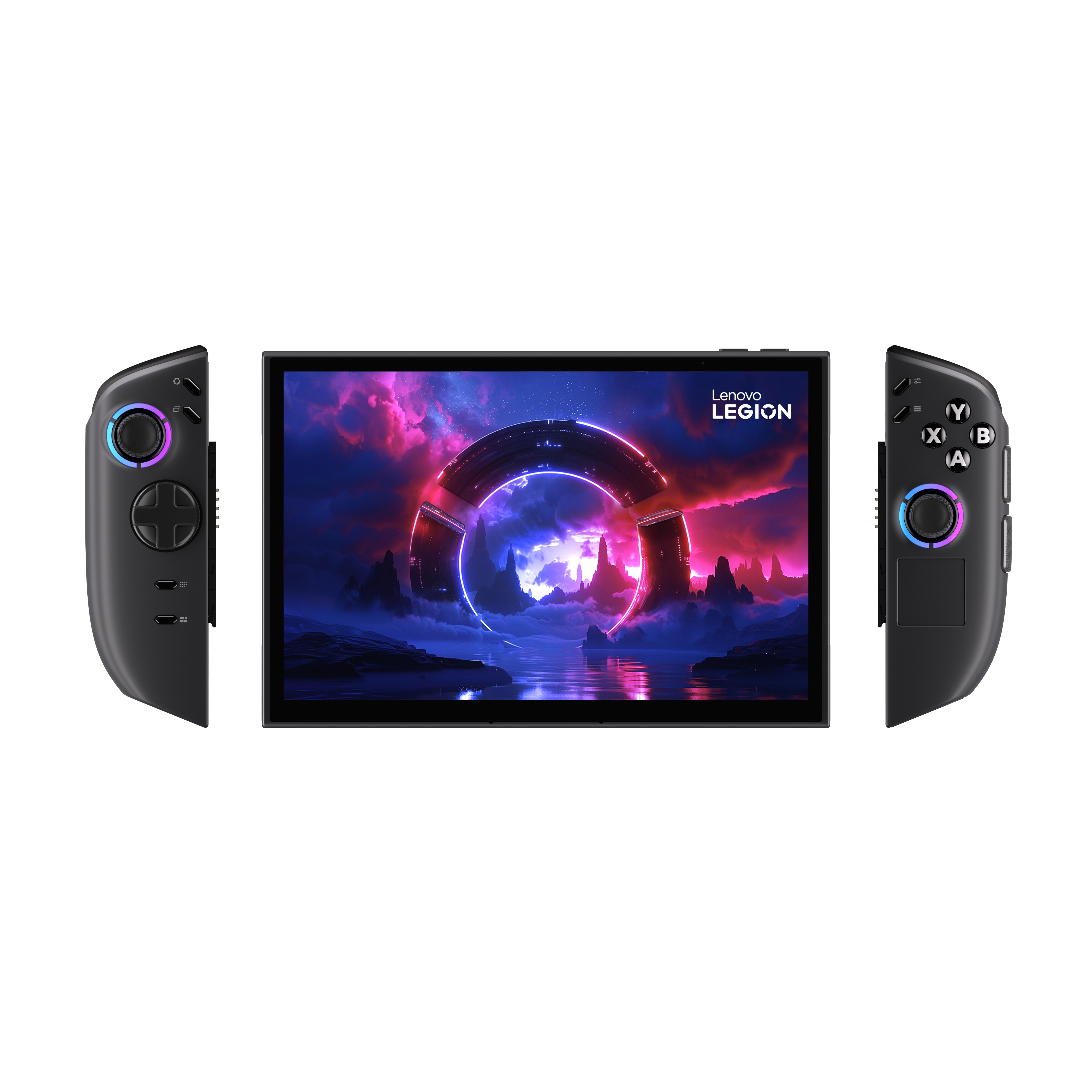 Ein Lenovo Legion Handheld-Gaming-Gerät. Es hat einen zentralen Bildschirm und abnehmbare Controller.
