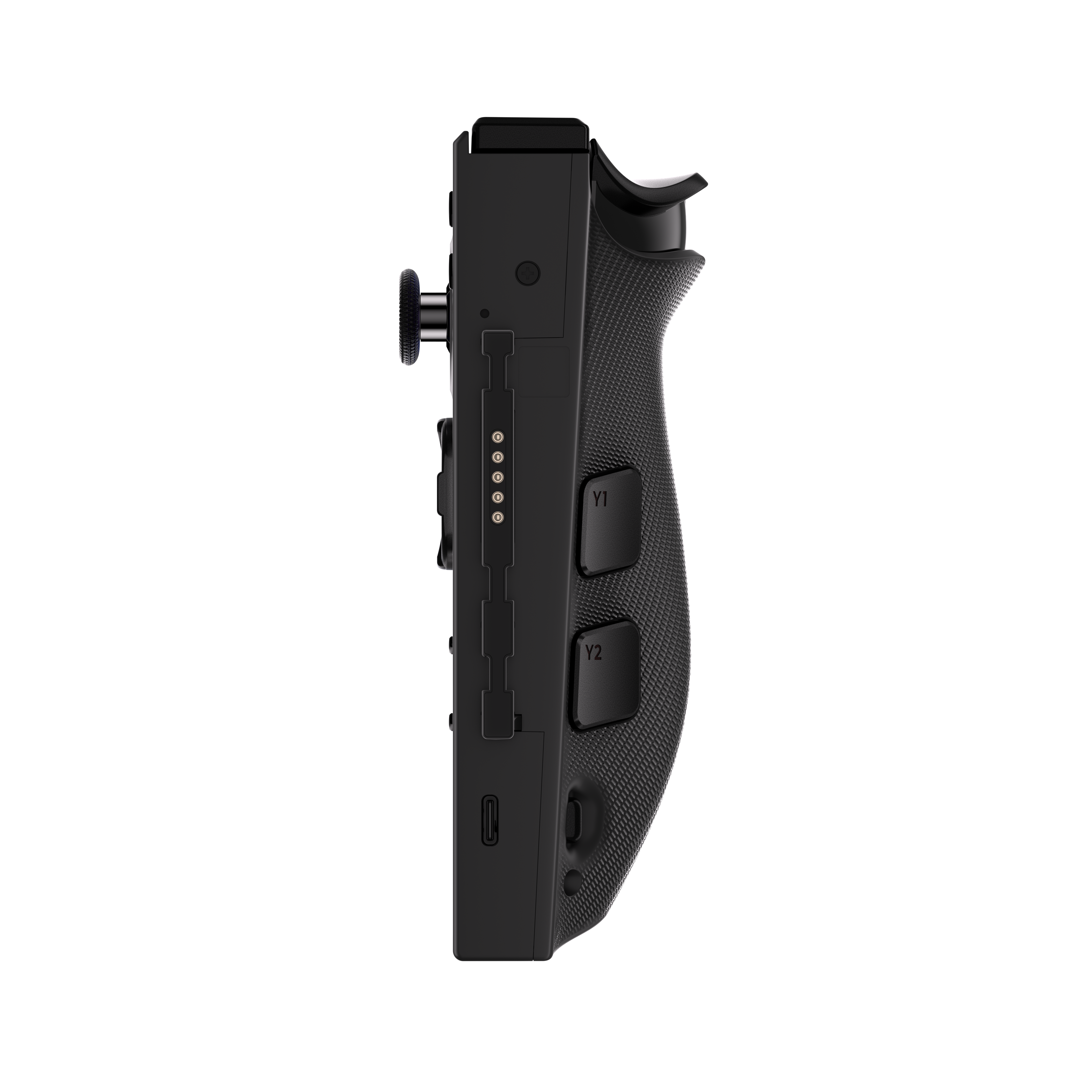 Ein schwarzer Gamecontroller, von der Seite gesehen. Knöpfe, Anschlüsse und ein strukturierter Griff sind vor schwarzem Hintergrund sichtbar.