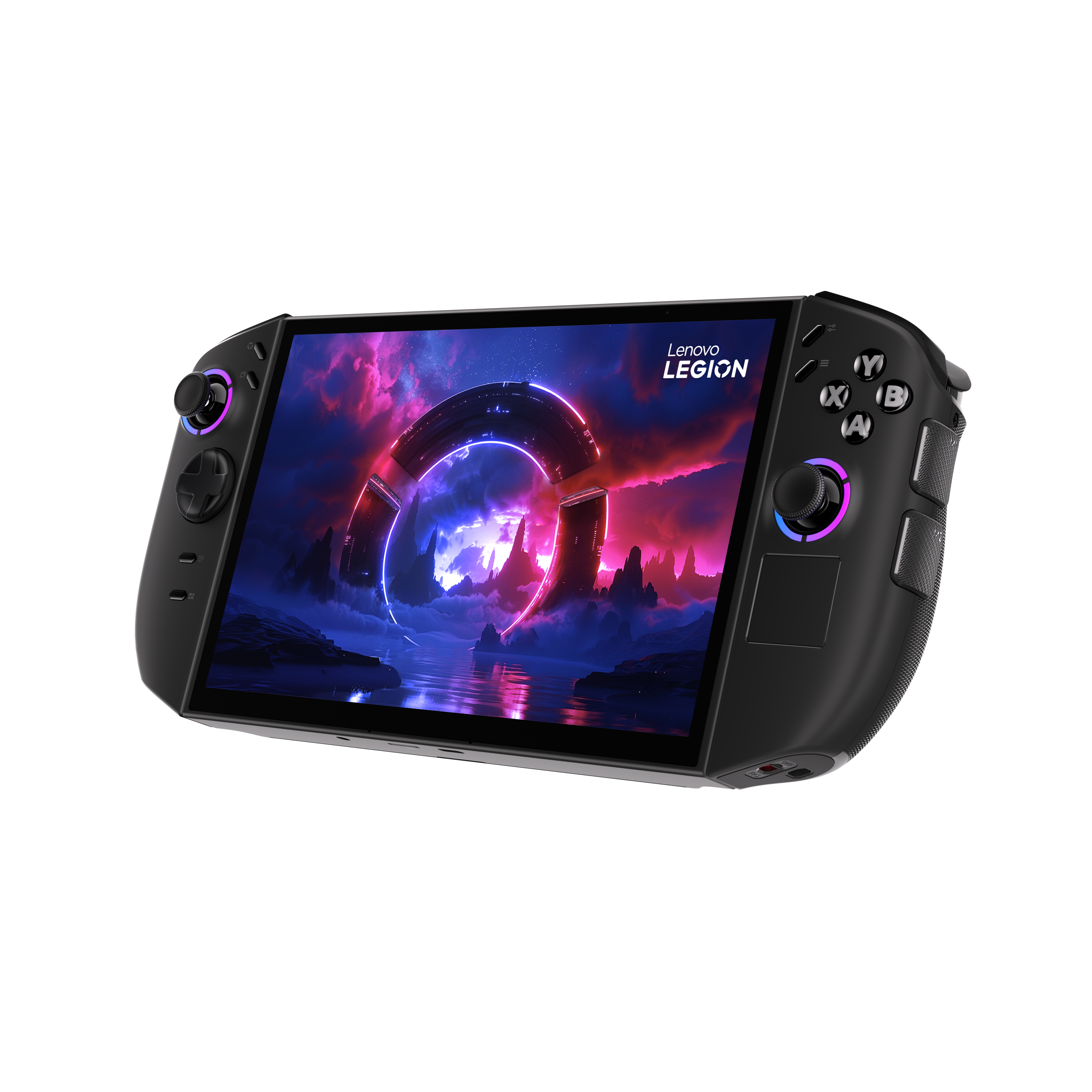 Schwarzes Lenovo Legion Handheld-Gaming-Gerät. Der Bildschirm zeigt eine futuristische Landschaft. Bedienelemente sind sichtbar.