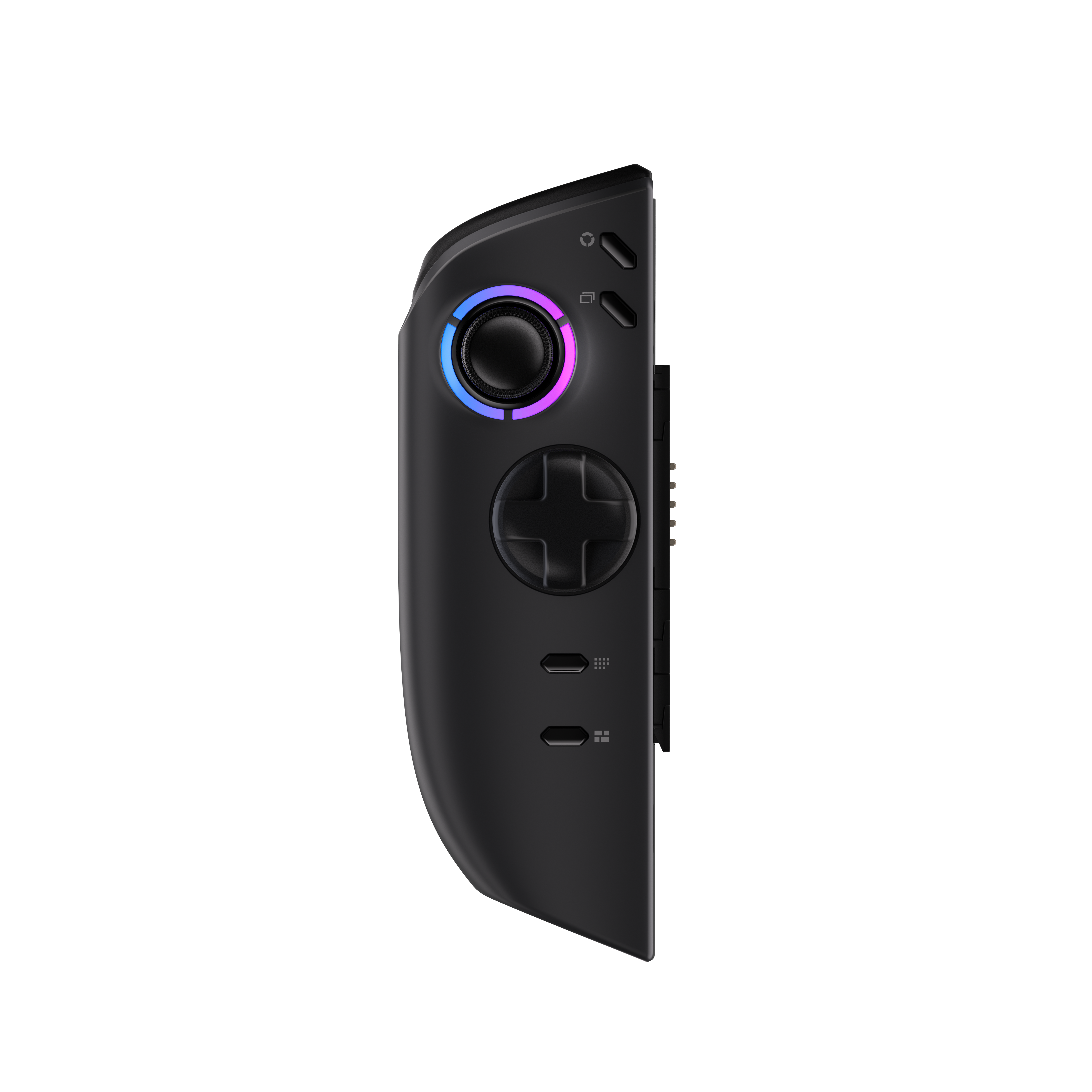 Schwarzes Gamepad mit Knöpfen, einem Joystick und einem kreisförmigen Bereich mit farbigen Lichtern auf weißem Hintergrund.