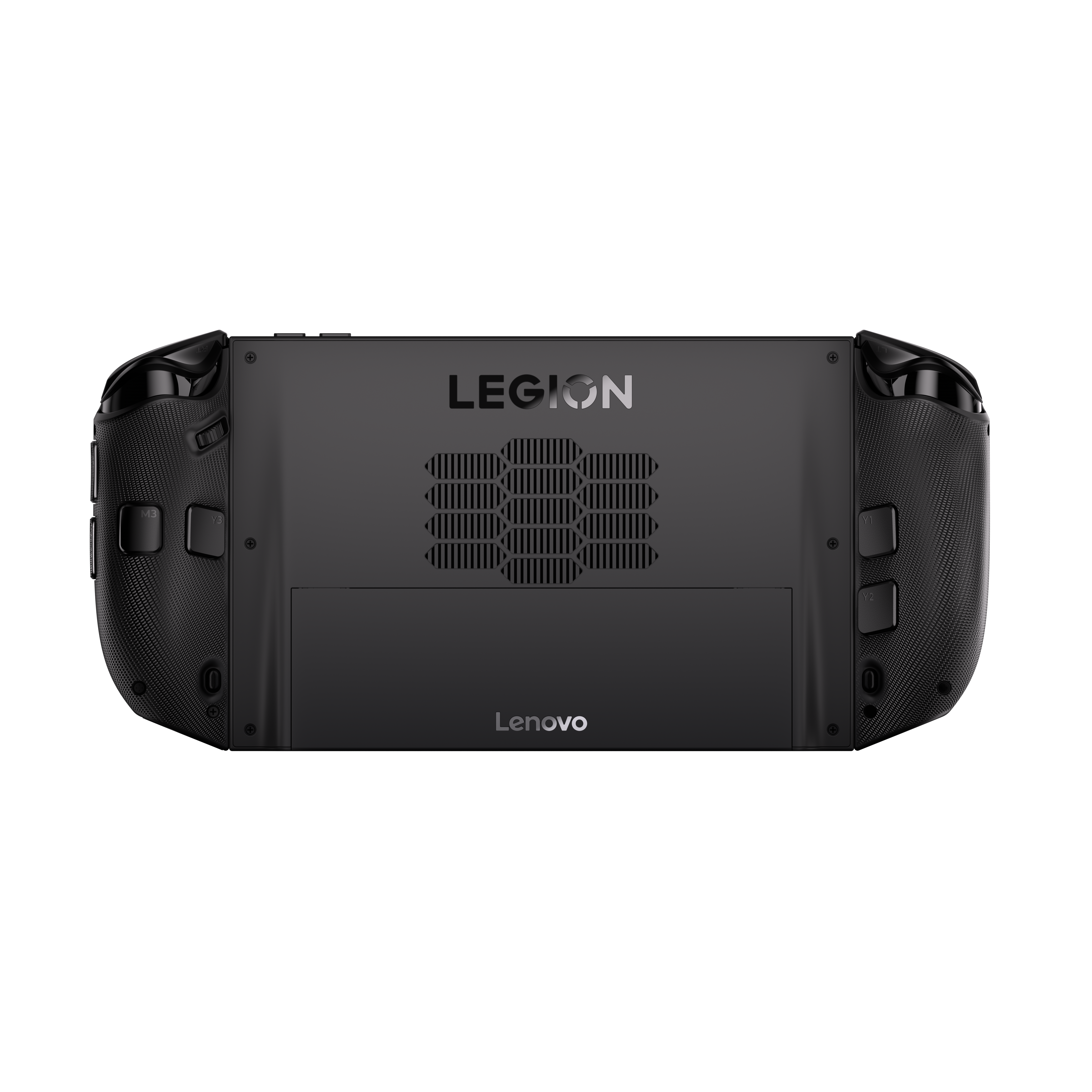 Rückansicht einer schwarzen Lenovo Legion Handheld-Spielkonsole. Das Legion-Logo ist sichtbar.