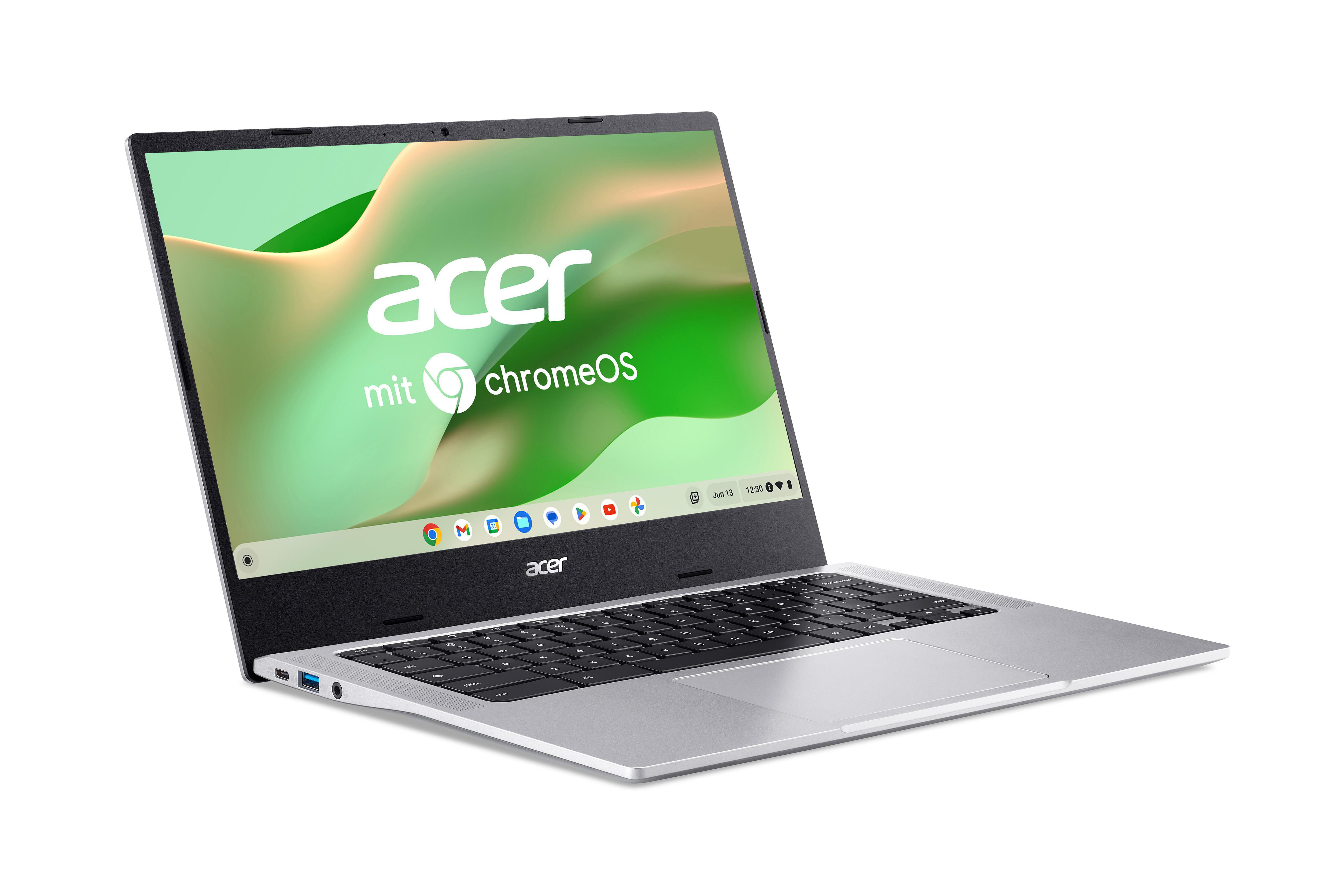 Silberner Acer Chromebook Laptop auf weißem Hintergrund. Der Bildschirm zeigt das Acer- und ChromeOS-Logo.