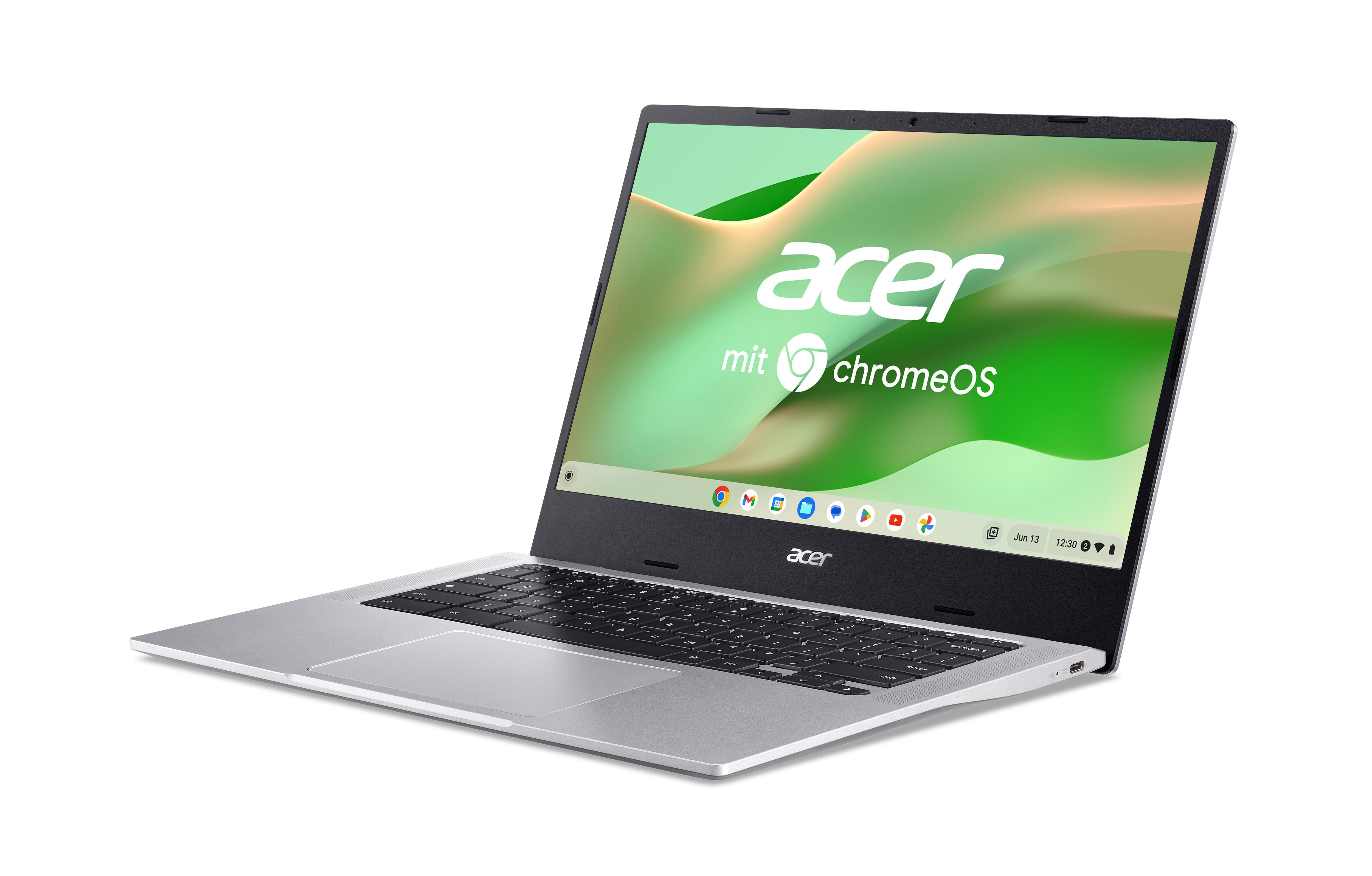 Silberner Acer-Laptop. Der Bildschirm zeigt das Acer-Logo und Chrome OS. Die Tastatur ist schwarz. Weißer Hintergrund.