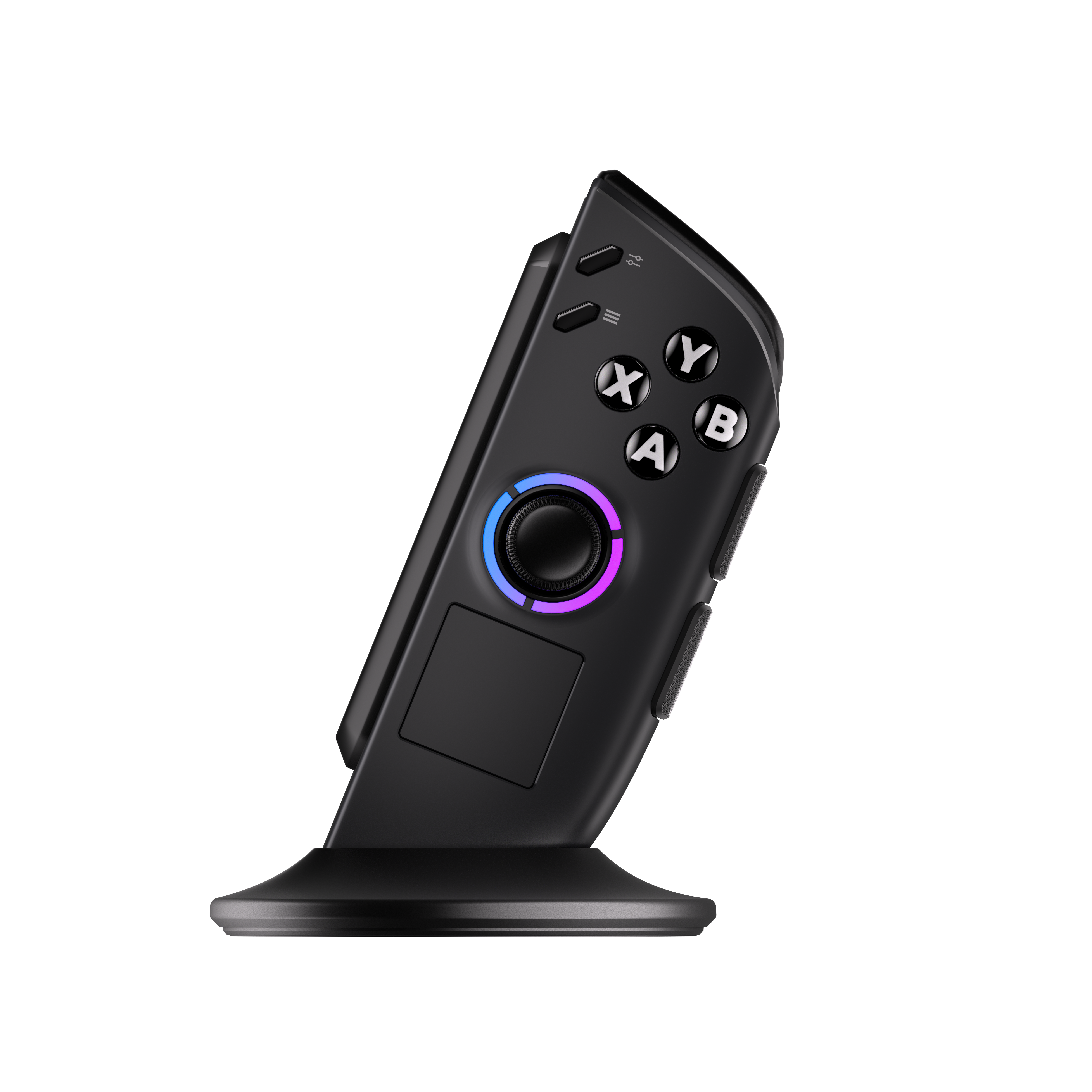 Ein schwarzer Gamecontroller auf weißem Hintergrund. Er hat Knöpfe, einen Joystick und einen Ständer. Der Joystick leuchtet.