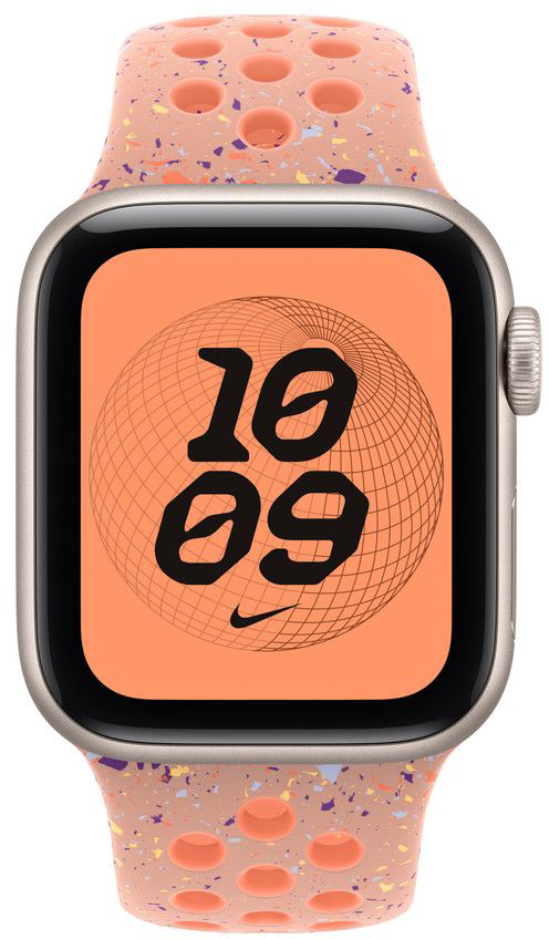 Apple Watch pöttyös szíjjal, 10:09-et mutatva. A számlap narancssárga, drótvázas földgömbbel.