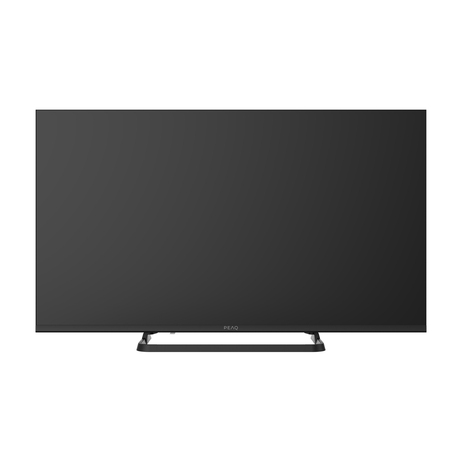 Un televisore PEAQ nero su sfondo bianco. Lo schermo è spento. Il televisore ha un supporto.