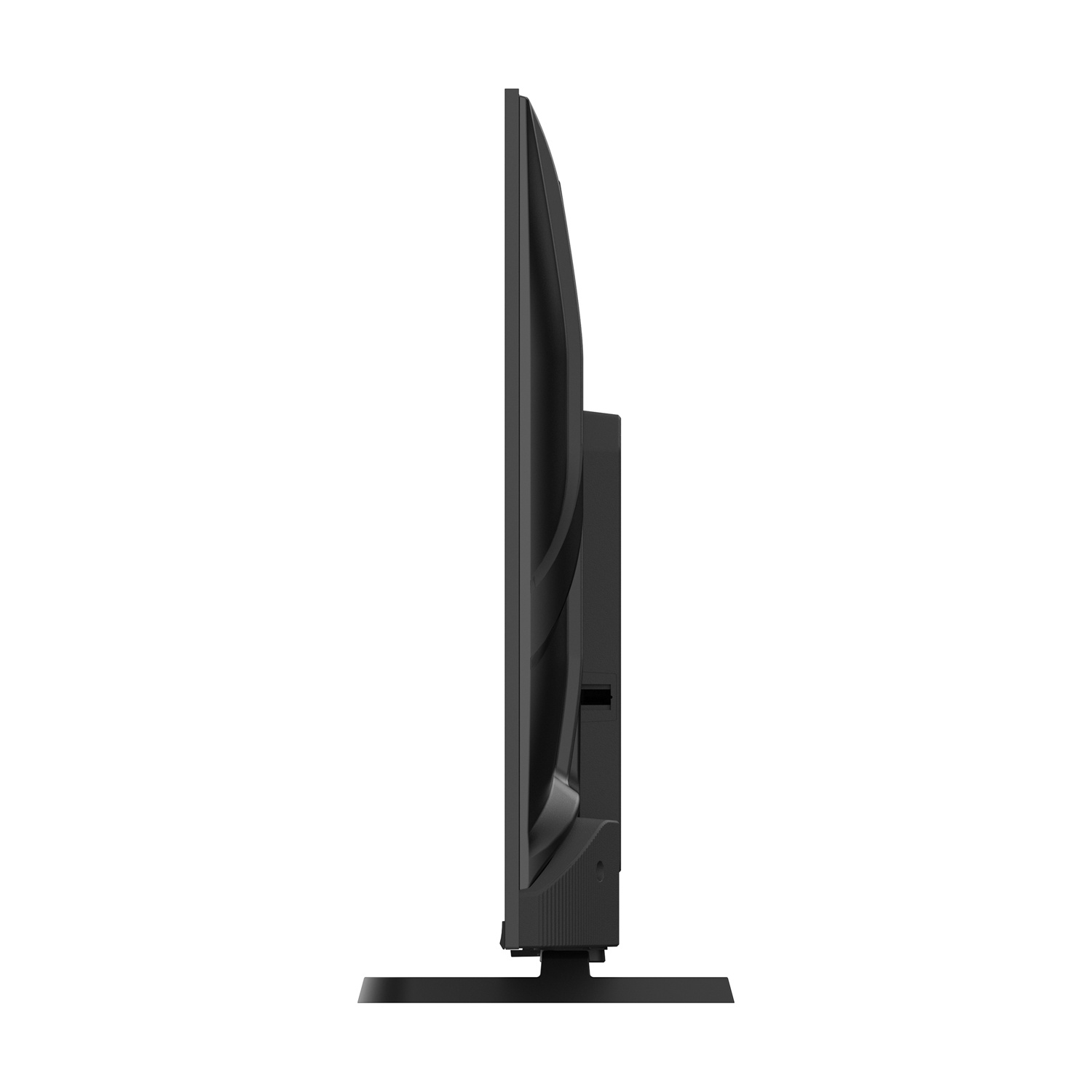 Una TV a schermo piatto nera vista di lato. È su un supporto nero. Lo sfondo è bianco.