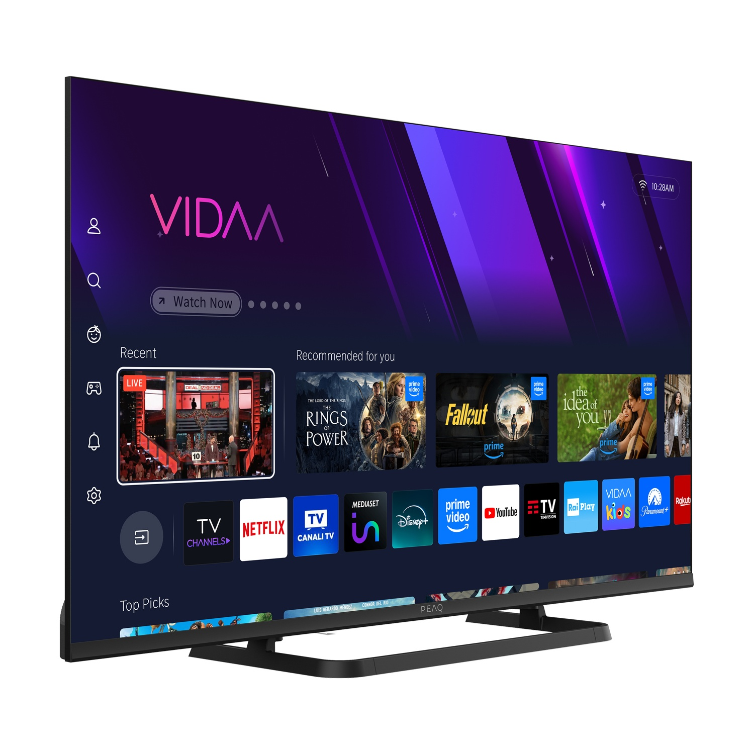 Una TV moderna mostra l'interfaccia VIDAA, con app di streaming e contenuti consigliati. Lo schermo ha un gradiente viola.