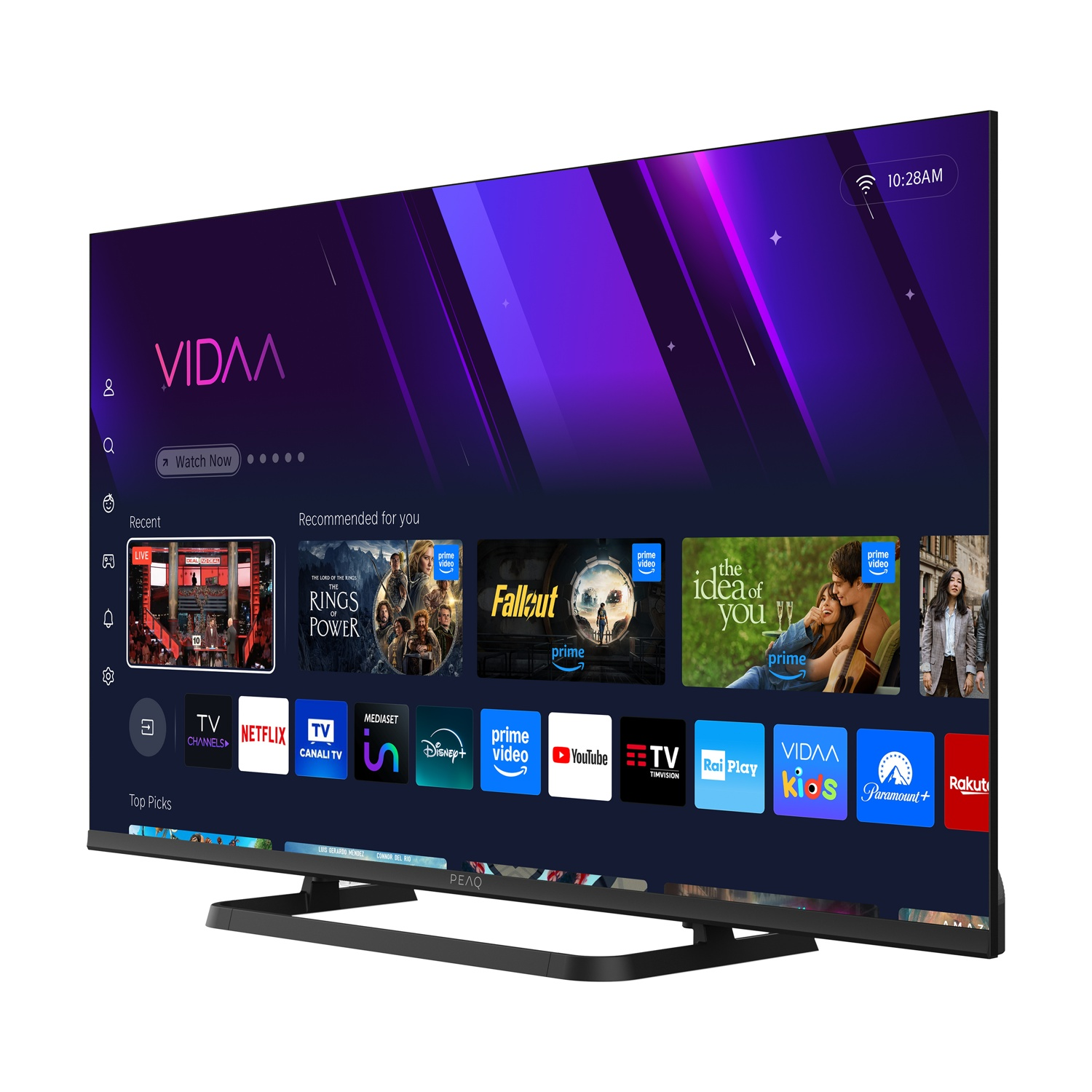 Un televisore a schermo piatto mostra le app dei servizi di streaming. Lo schermo mostra app come Netflix, YouTube e Prime Video. Il logo TV è VIDAA.
