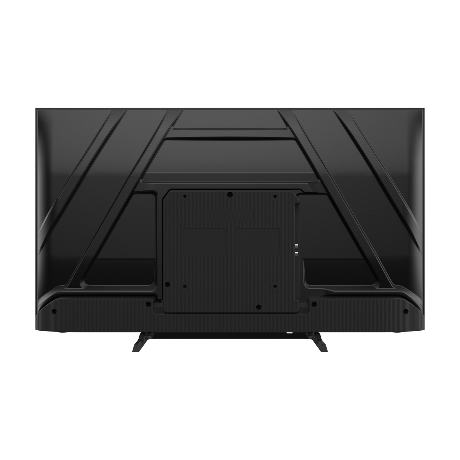 Retro TV nero con superficie strutturata. Ha un design geometrico con un supporto in basso e uno sfondo bianco.