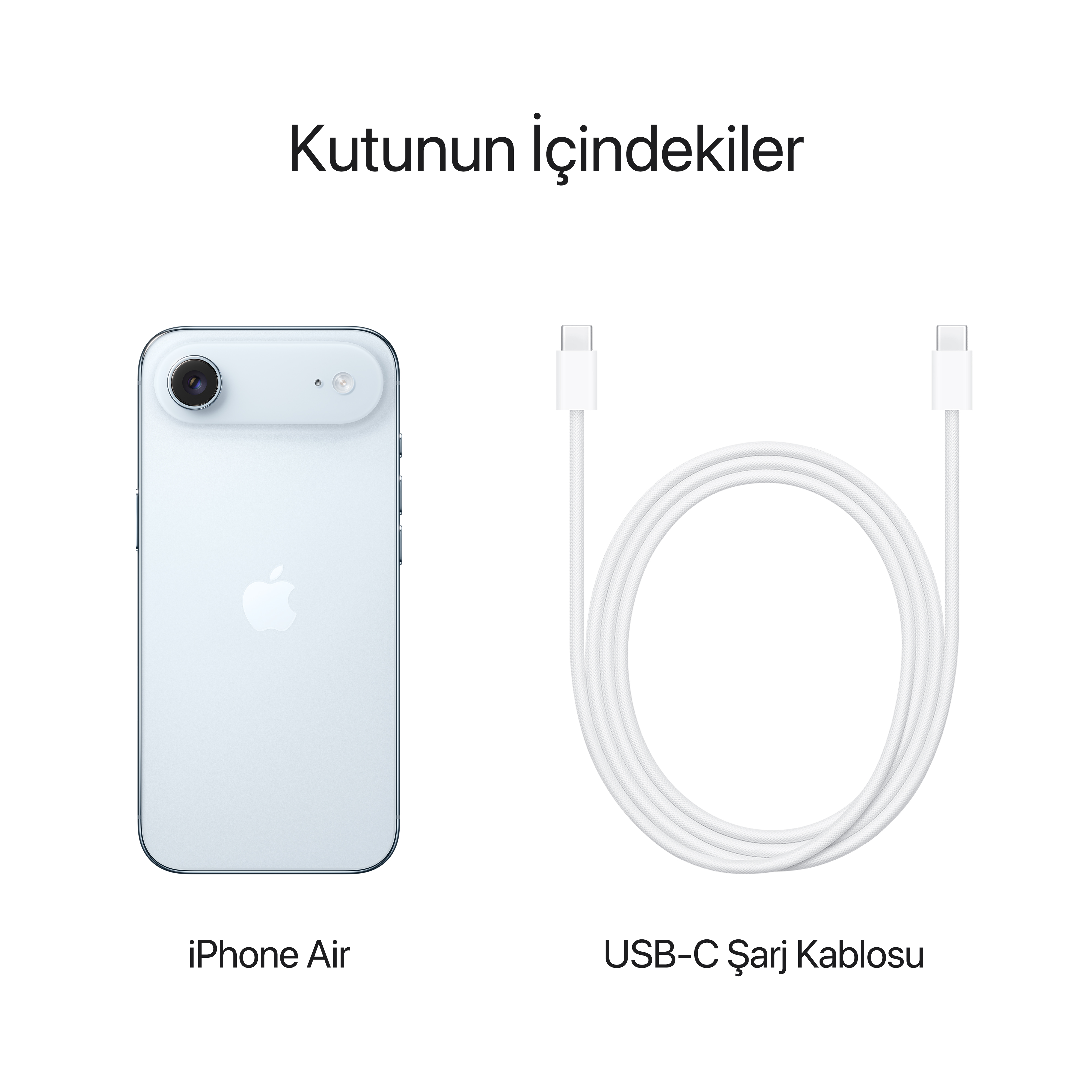 Görselde bir iPhone Air ve bir USB-C şarj kablosu var. Telefon açık mavi, kablo beyaz.