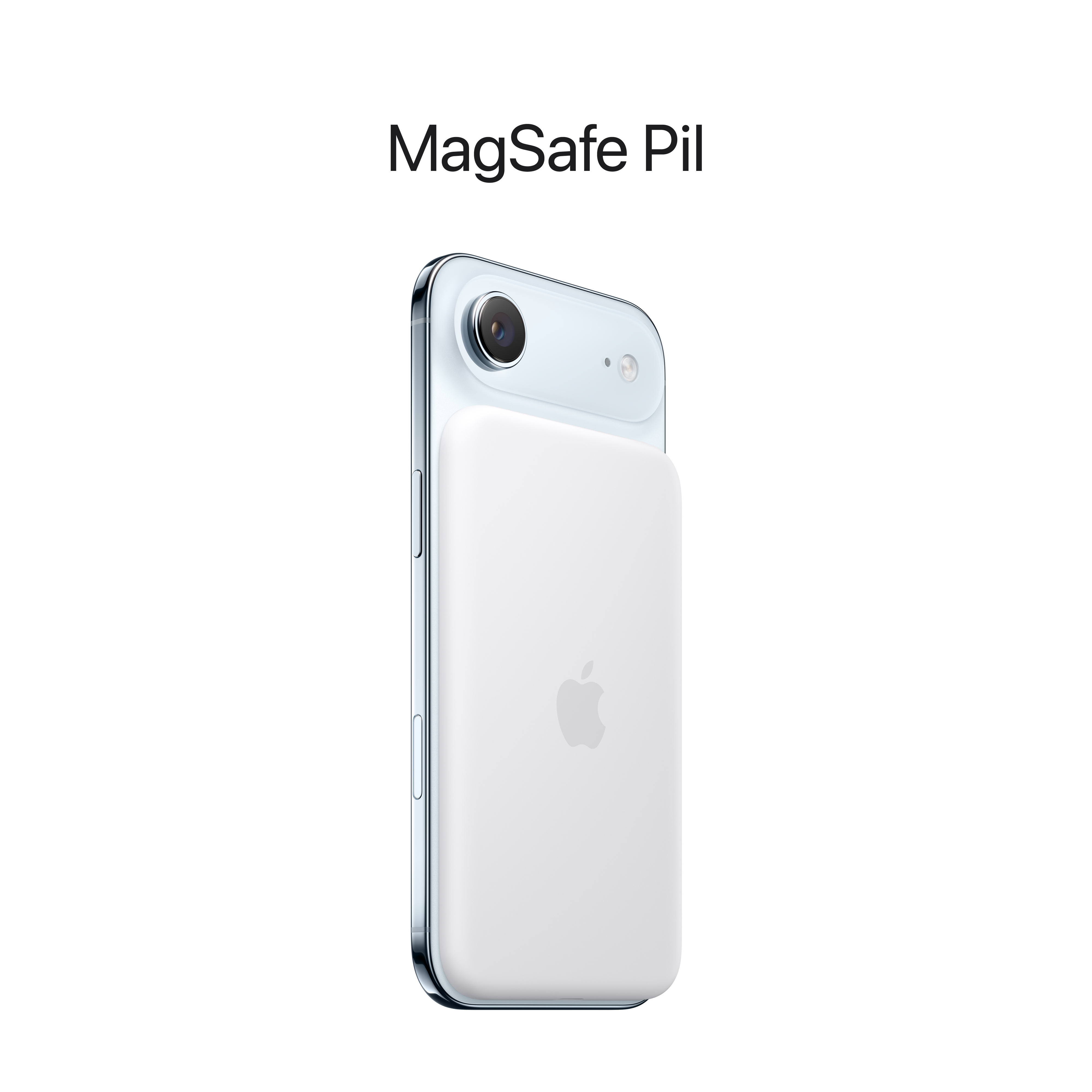 Beyaz bir iPhone'a beyaz bir MagSafe pil takılı, Apple logosu görünüyor. Cihaz beyaz bir arka plana karşı.